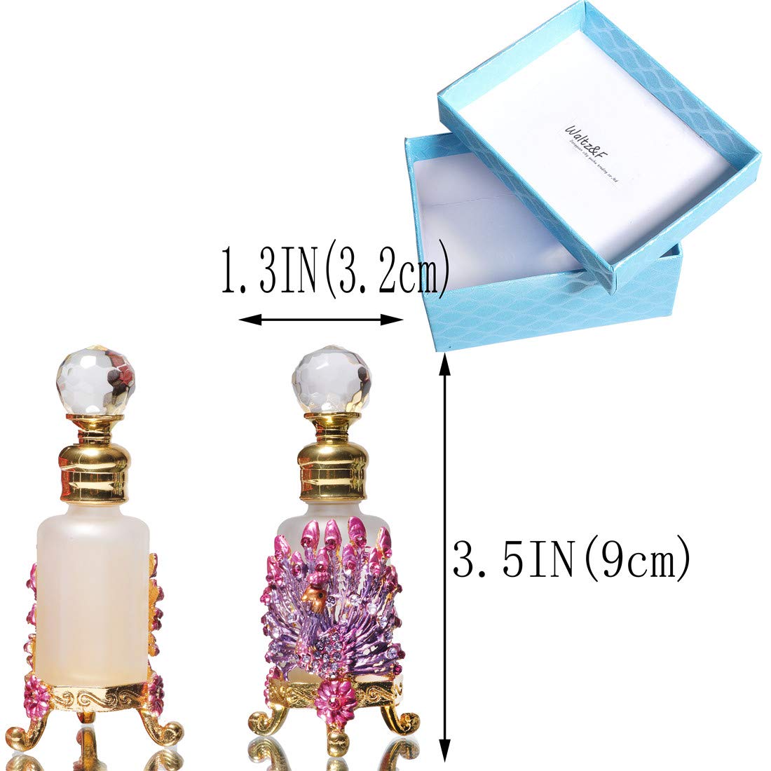 Waltz&F Vintage Peacock Octagon Frosted Glass Perfume Bottle - 12ml Refillable Essential Oil Bottle with Jeweled Design (Pink) | Perfect for Home Fragrance, Gift Giving & Aromatherapy