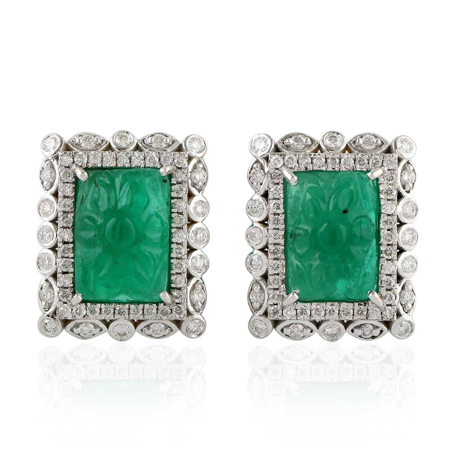 18K White Gold Emerald and Diamond Rectangle Stud Earrings - Elegant Jewelry for Weddings, Parties & Special Occasions