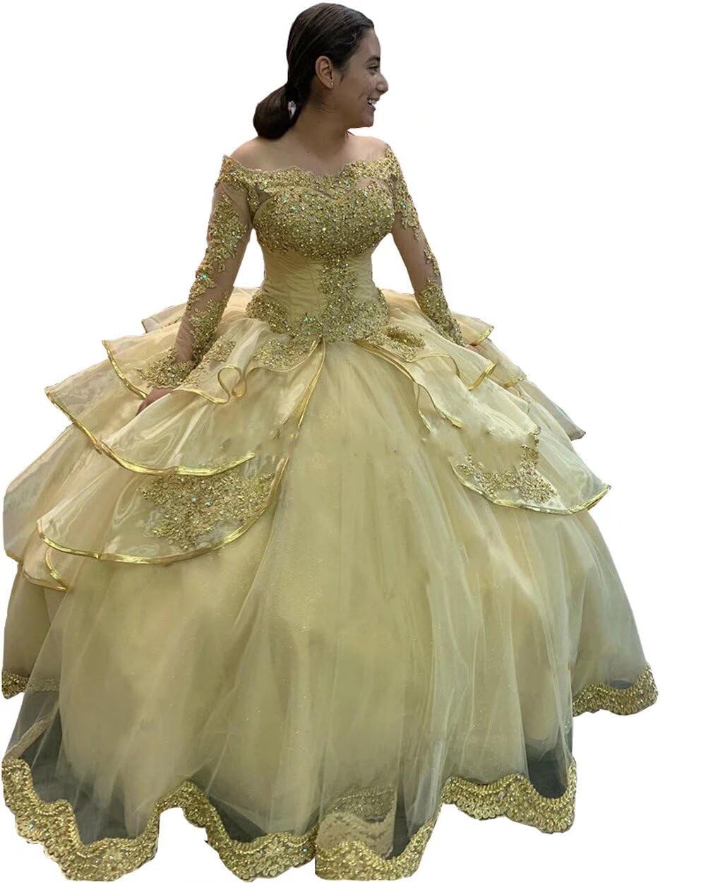Elegant Gold Appliques Crystal Off-Shoulder Long Sleeve Quinceañera Dress - Ball Gown Prom Sweet 16 Formal Gown for Girls 2025 | Perfect for Quinceañeras, Prom Nights, Weddings & Special Occasions