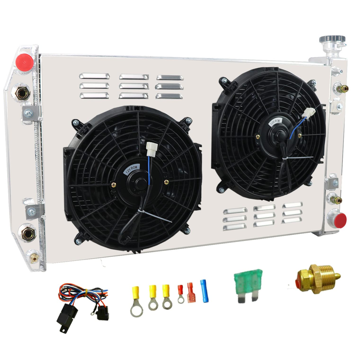4 Row Aluminum Radiator Shroud with Fan Relay for 1988-1999 Chevy GMC C1500 C2500 C3500 K1500 K2500 K3500 Pickup Trucks - 28