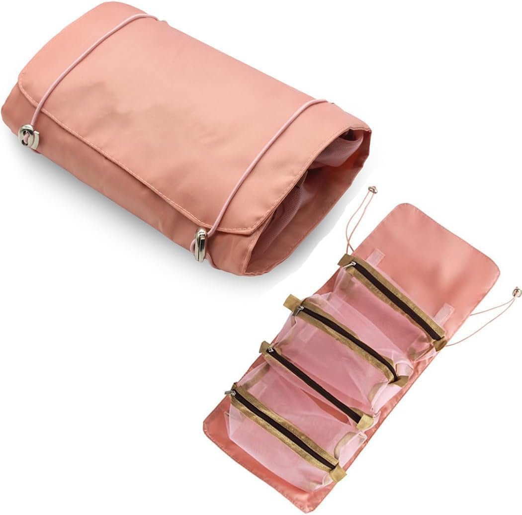 Waterproof Hanging Toiletry Bag for Women - 4-in-1 Travel Makeup Organizer with Cosmetic Pouch | Foldable Polyester Cosmetic Bag for Girls | Perfect for Vacation, Gym & Daily Use