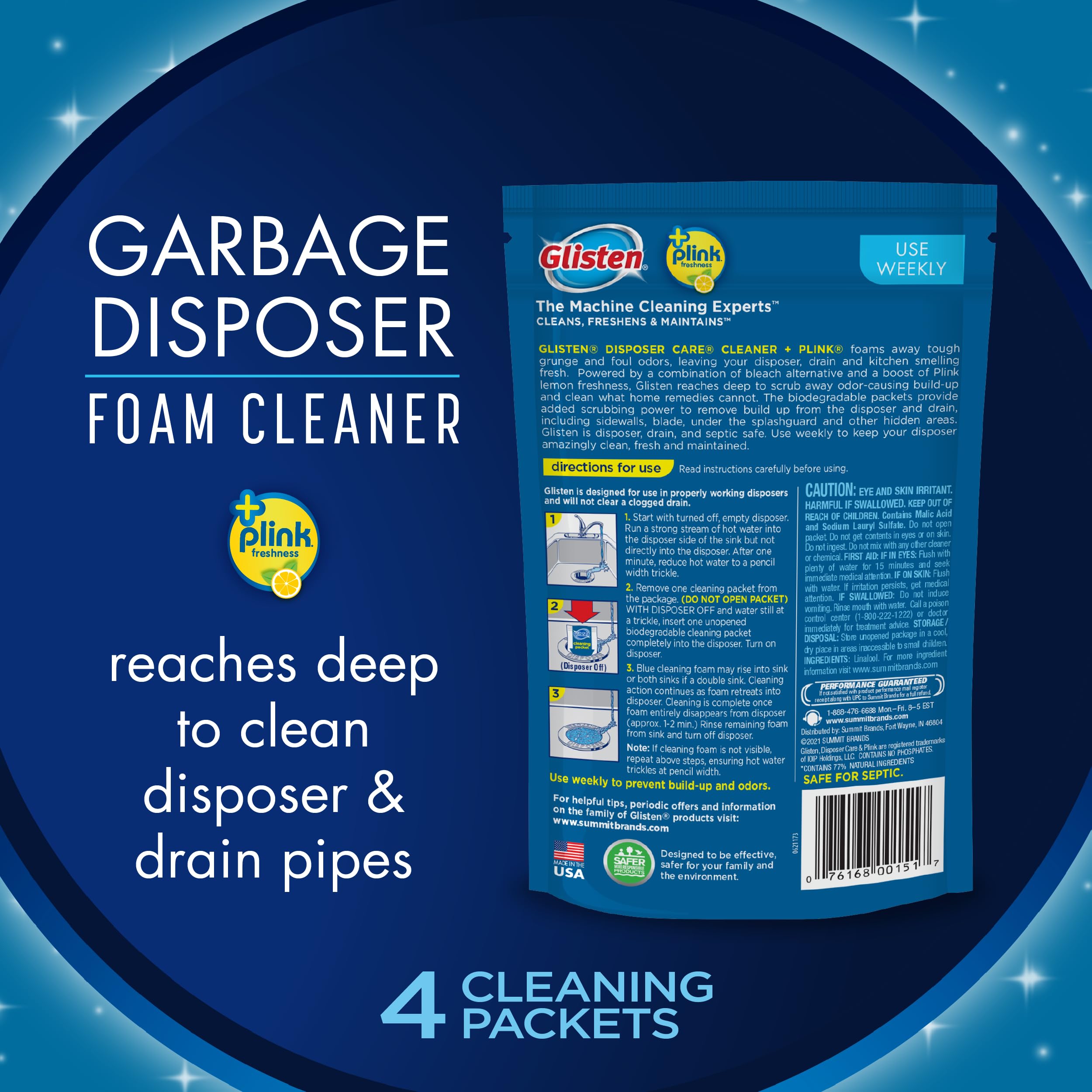 Glisten Garbage Disposal Foaming Cleaner - Lemon Scent, 6 Pack (24 Uses) | Deep Cleans & Deodorizes Kitchen Sink Drain | Safe for Septic Systems & All Garbage Disposals