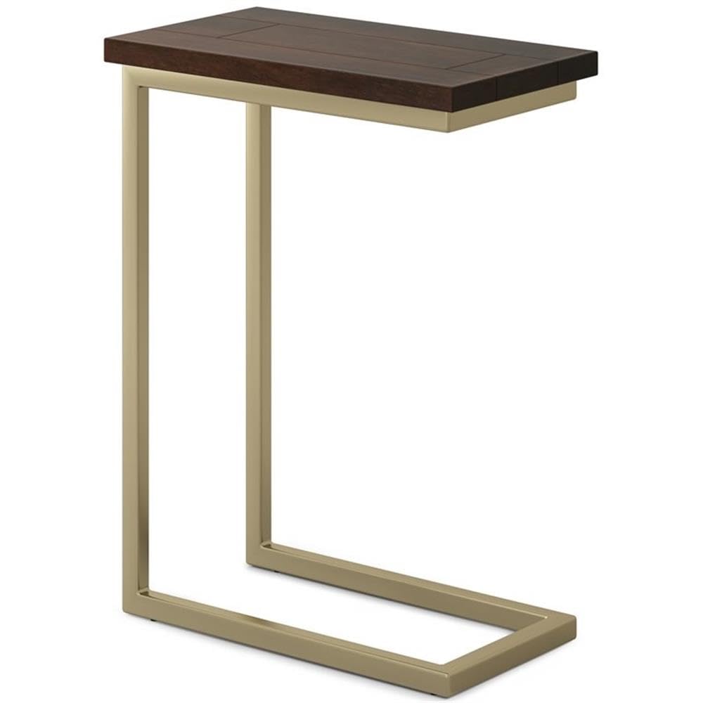 Allora Small C-Shaped End Table - Industrial Narrow Side Table for Small Spaces, Rustic Living Room Accent Table, Dark Brown Solid Wood & Gold Metal Sofa Table - Perfect for Office, Bedroom, or Apartment Decor