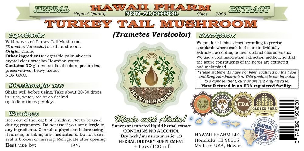 Turkey Tail Mushroom Alcohol-Free Liquid Extract | Trametes Versicolor Glycerite | Natural Herbal Supplement | USA Made by Hawaii Pharm | 2x32 fl.oz | Immune Support & Wellness Boost for Daily Health