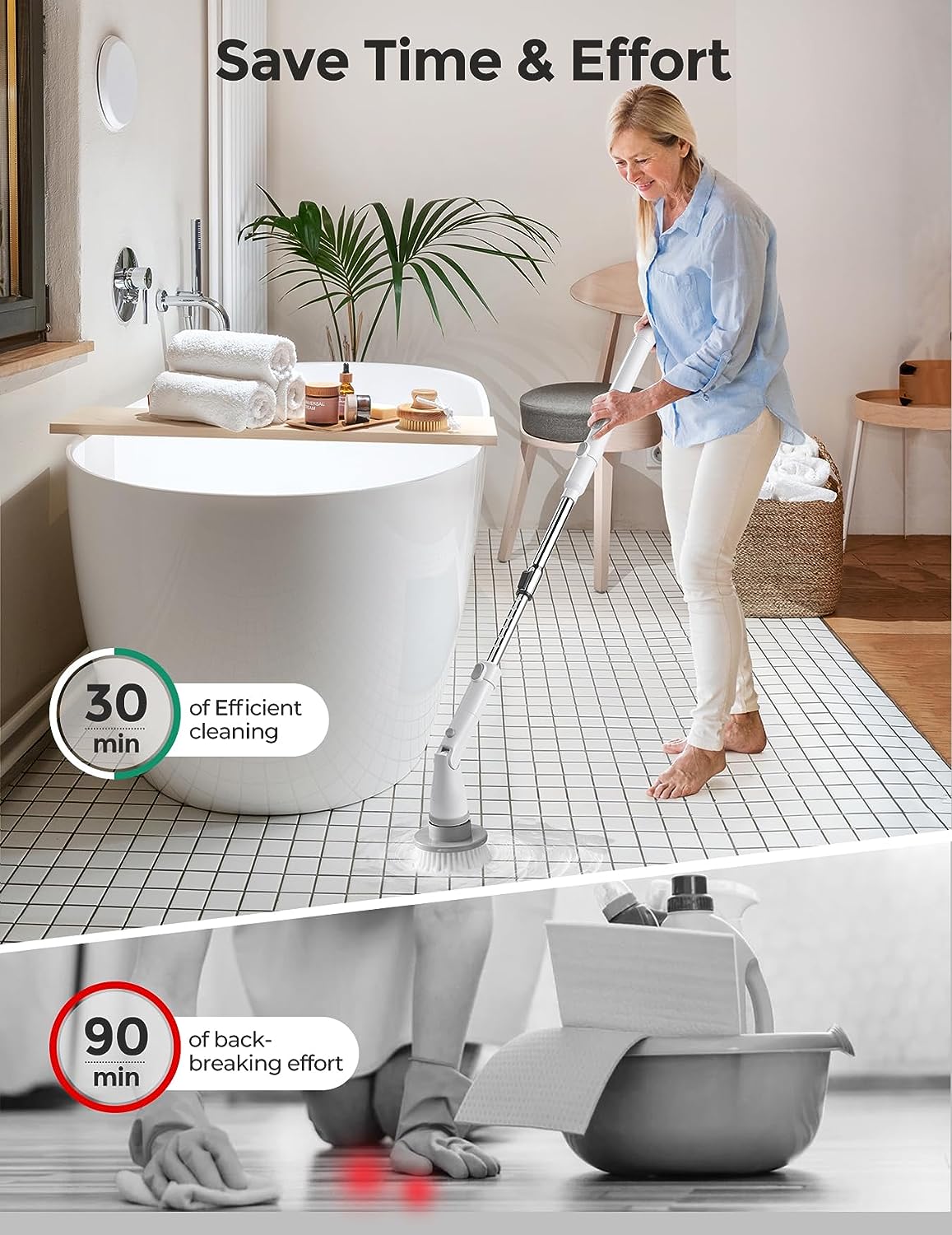 Electric Spin Scrubber Kh8 Pro - Cordless Bathroom Cleaning Brush with 1.5H Battery & Dual Speed (HM742) - Perfect for Shower Tiles, Bathtubs, and Grout Cleaning