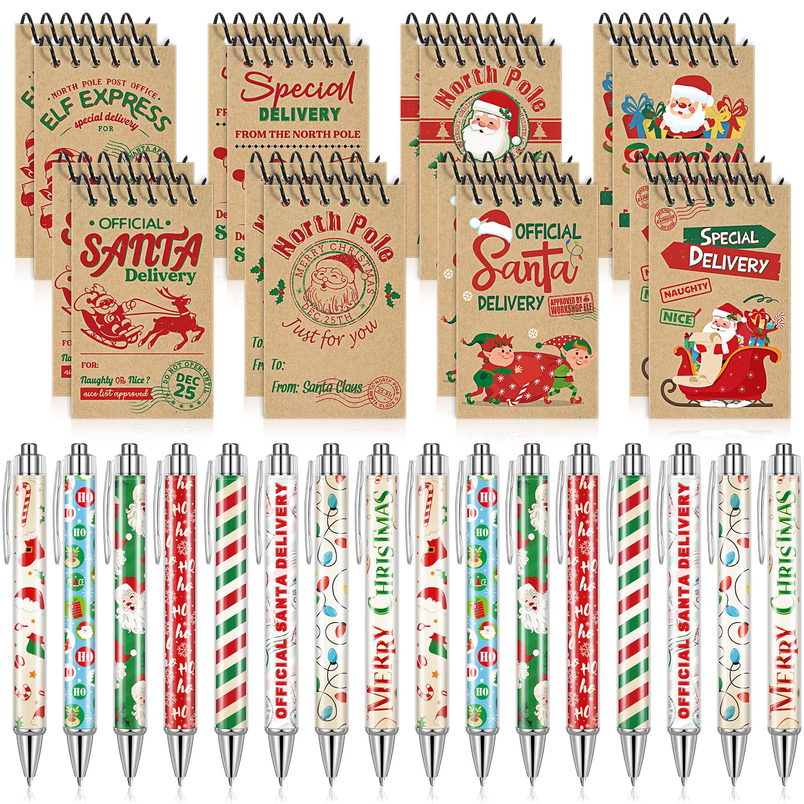 32 Pcs Christmas Mini Notepads with Pens Set - North Pole Spiral Notepads & Santa Delivery Pens - Xmas Memo Notebooks & Ballpoint Pens for Kids Holiday Party (Vintage Color) - Perfect for Christmas Gifts, School Activities & Office Decorations