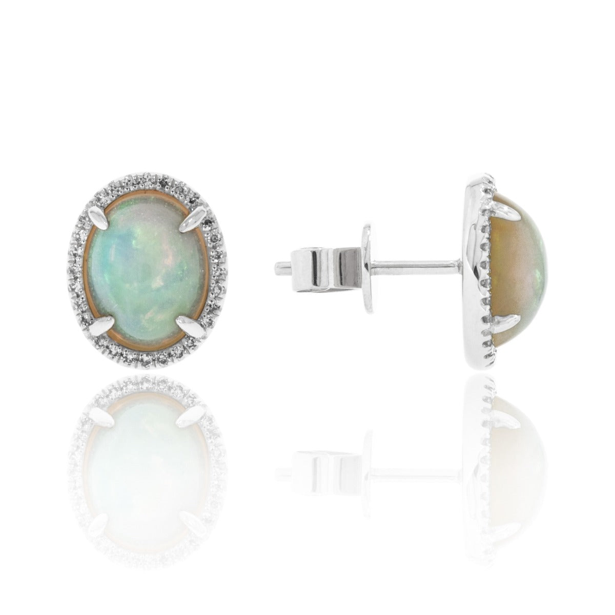 14K White Gold Oval Opal & Diamond Halo Earrings for Women - Elegant Jewelry Gift for Wedding, Anniversary & Special Occasions