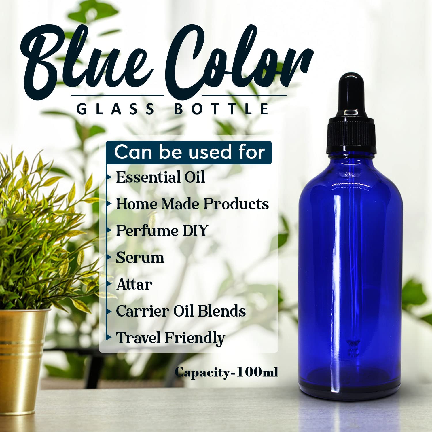 NSB Herbals 100ml Blue Round Empty Glass Bottle with Glass Dropper, Black Ring & Silicone Teat - Leak Proof, Refillable for Essential Oils, DIY Perfumes, Aromatherapy (Pack of 3) - Perfect for Travel, Home Use & Gift Giving