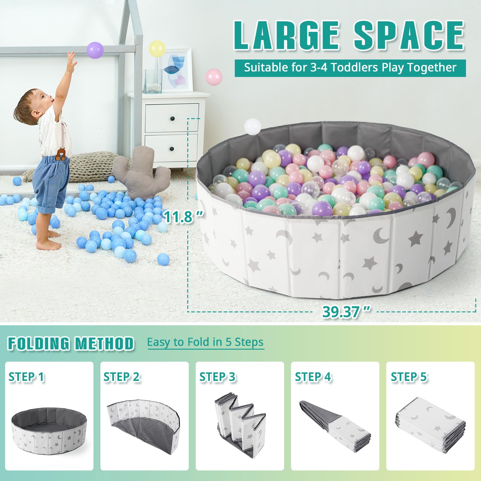 40Inch Kids Ball Pit - Foldable, Portable & Reusable Toddler Playpen with Balls, Indoor/Outdoor Baby Play Pool, Dog Playpen Fence, Oversized Star/Moon Design - Perfect for Birthday Parties, Daycare Centers & Backyard Fun