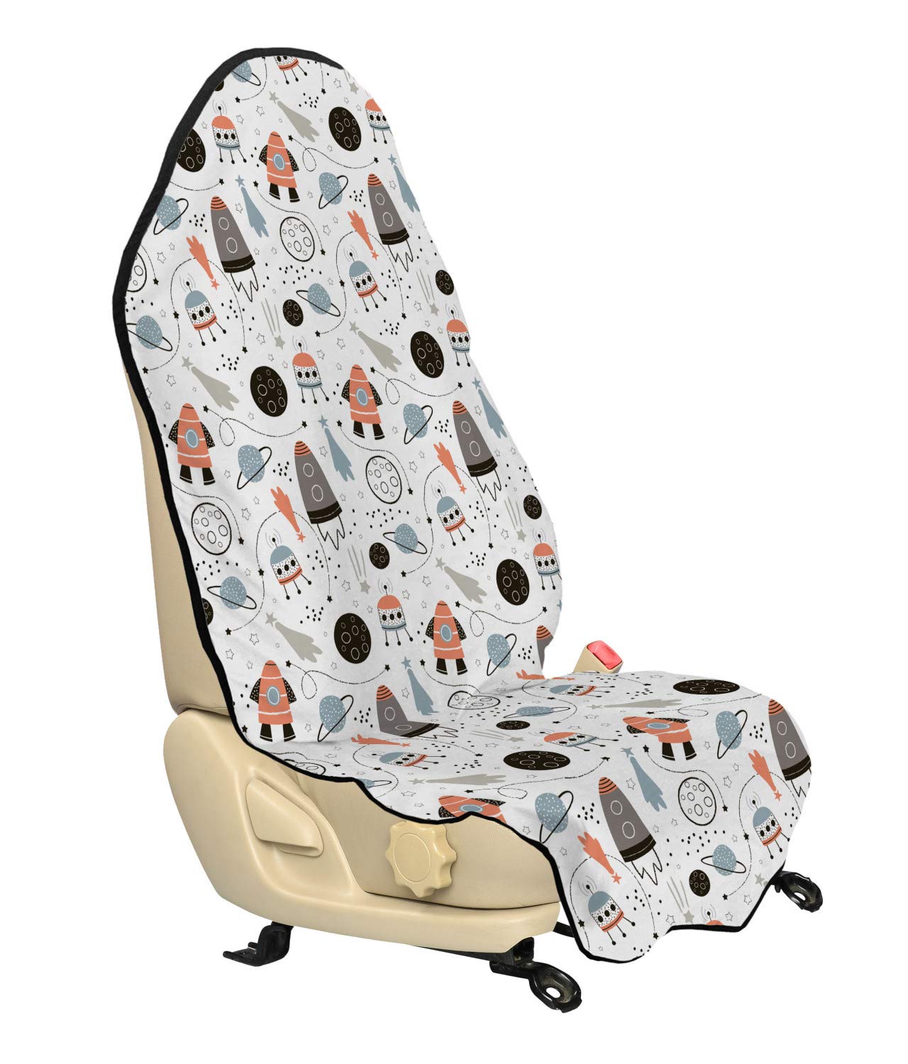 Ambesonne Universal Car Seat Hoodie Cover - Hand Drawn Outer Space UFO & Spaceship Design, Non-Slip Backing, 30