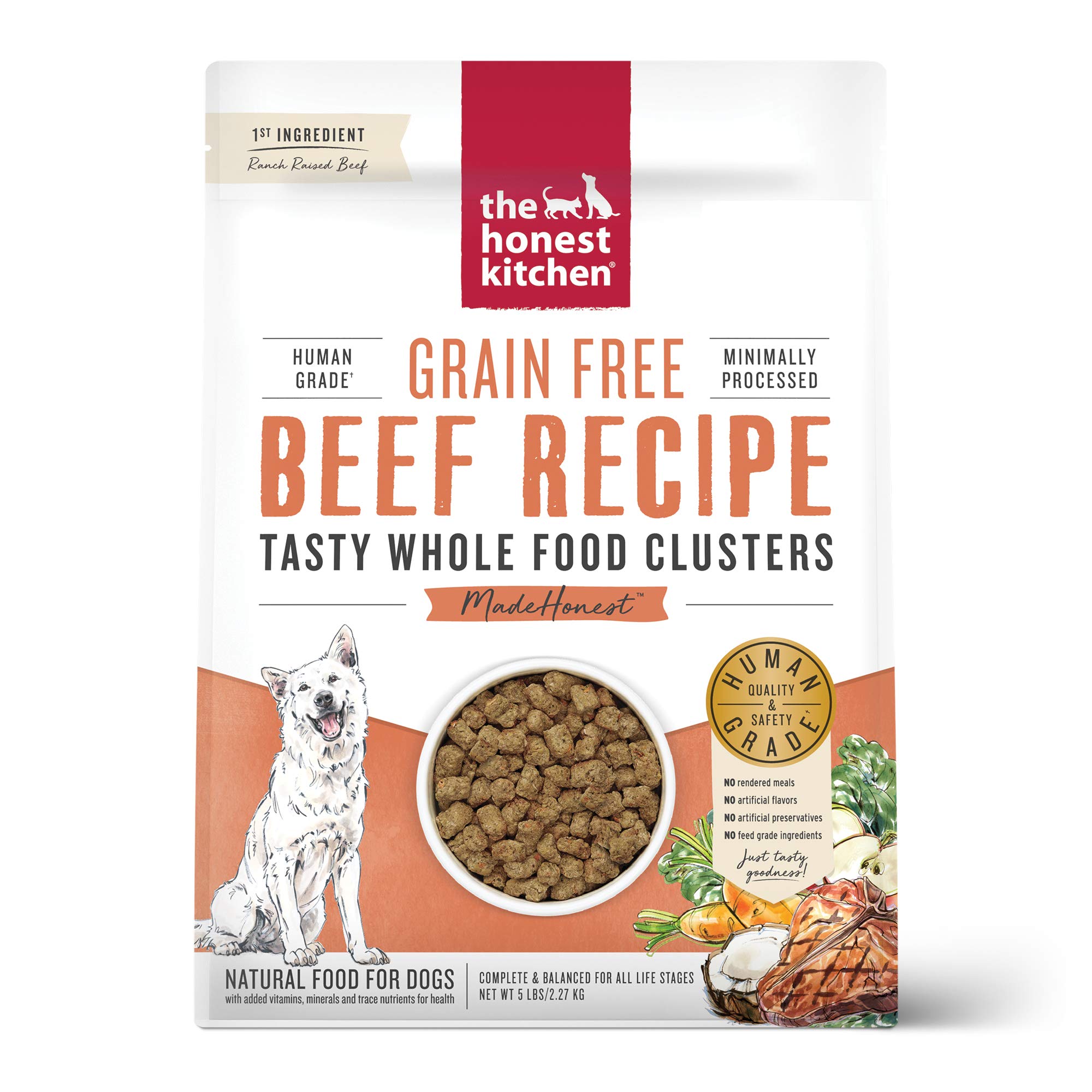 The Honest Kitchen Grain-Free Beef Dry Dog Food - 5 lb Bag of Whole Food Clusters | Premium Natural Nutrition for Adult Dogs | Perfect for Active Pets & Sensitive Stomachs
