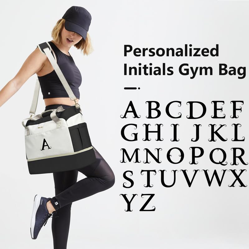 Personalized Initials Women's Travel Duffel Bag with Shoes Compartment & USB Charging Port - Gym Yoga Weekender Overnight Bag for Women - Perfect for Travel, Workouts, Yoga Classes and Weekend Getaways in Beige
