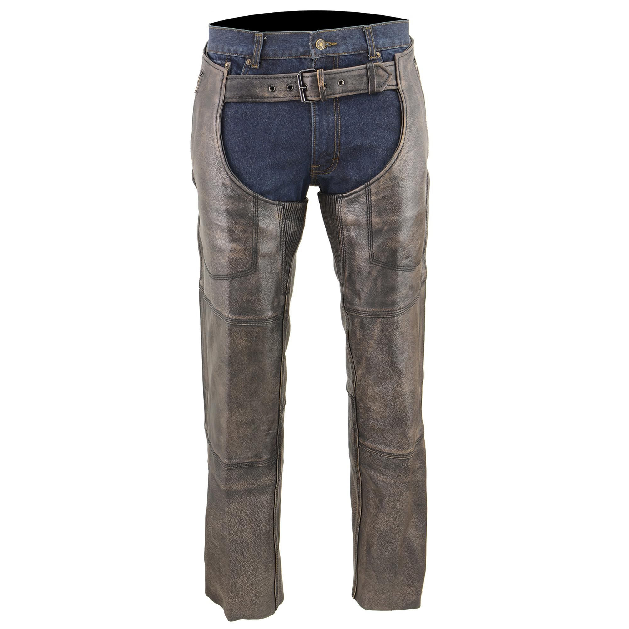 Milwaukee MLM5500 Men's Distressed Brown Leather Motorcycle Chaps - 4 Pockets, Thermal Lined for Winter Riding | Durable Biker Gear for Harley, Cruiser & Adventure Bikes