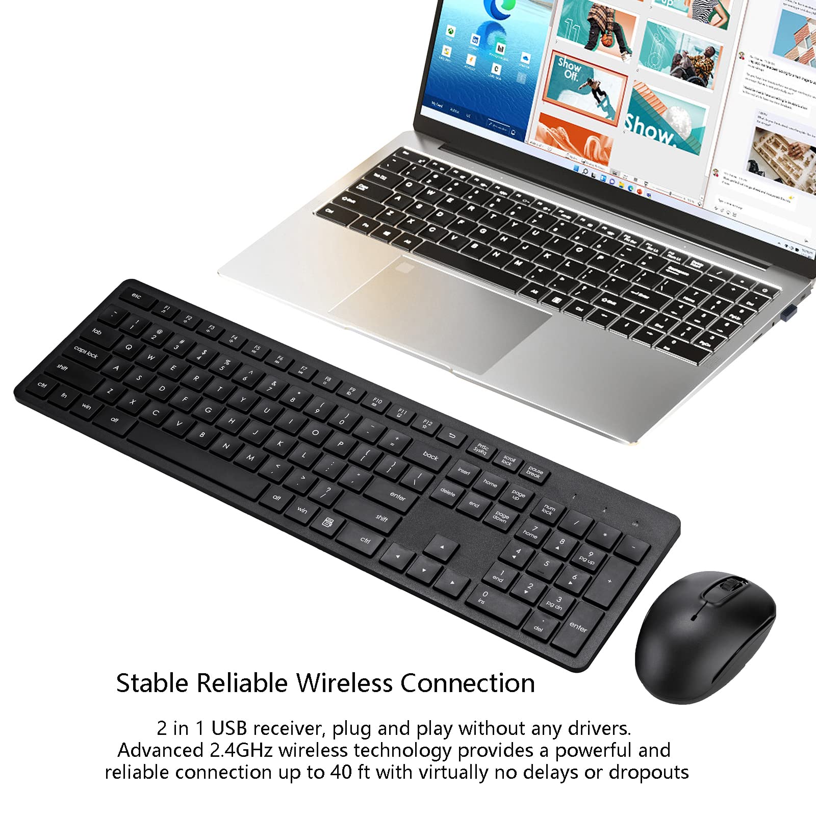 Wireless Keyboard and Mouse Combo - 2.4G Silent Cordless Keyboard and Mouse Set for Windows, Chrome OS, Laptop, PC & Desktop - Full Size 106 Keys with Number Pad - 1600 DPI Optical Mouse (Black) - Perfect for Office Work, Gaming & Home Computing