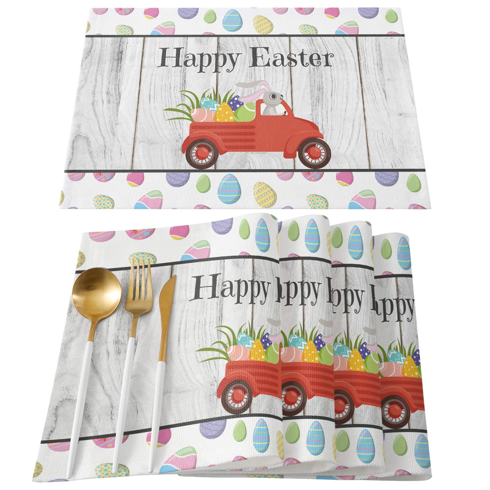 Easter Bunny Red Truck Placemats - Set of 6 Washable Cotton Linen Table Mats, Non-Slip & Heatproof for Kitchen & Dining - Perfect for Easter Decor, Holiday Dinner Parties & Family Gatherings