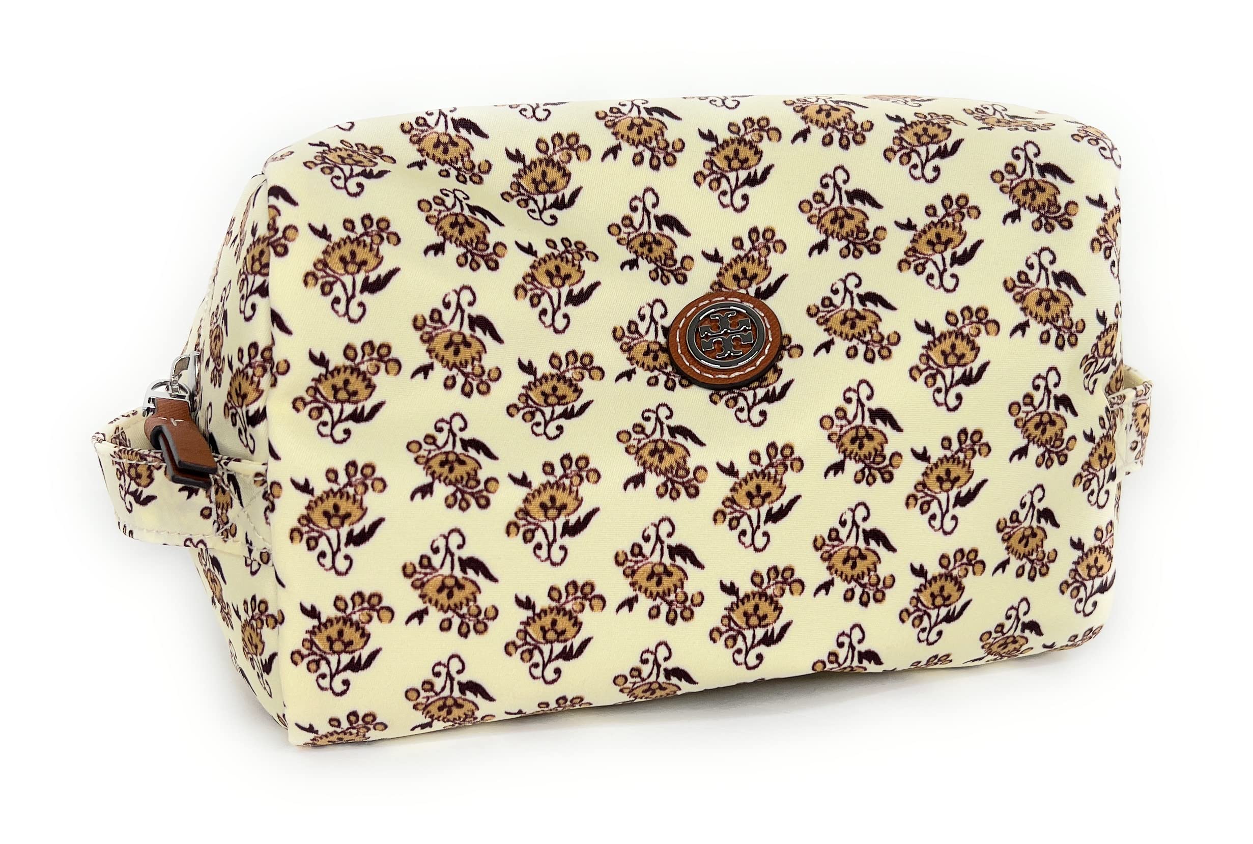 Tory Burch Virginia Printed Large Cosmetic Makeup Bag with Curly Ditsy Logo - Perfect for Travel, Gym & Everyday Essentials Storage