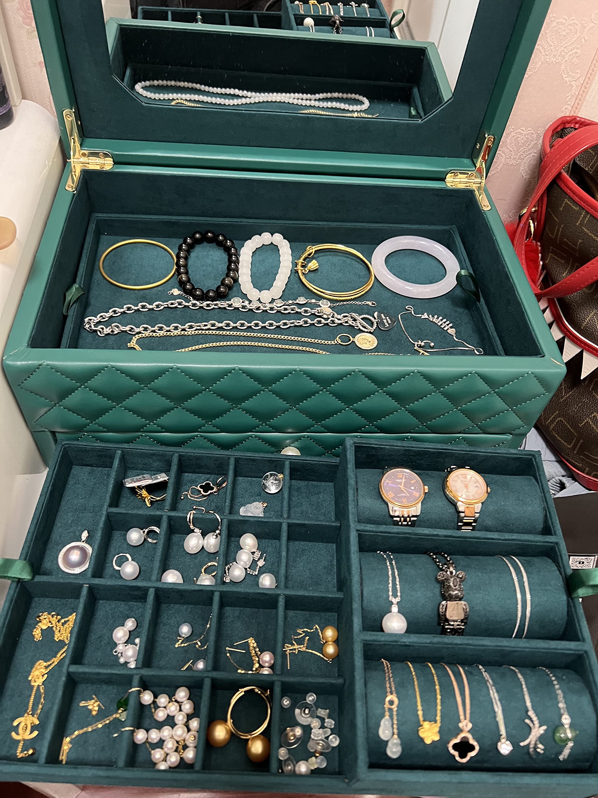 Luxury Large Wooden Jewelry Box Organizer with Mirror, Drawers & Faux-Leather - Perfect for Earrings, Necklaces, Rings Storage - Elegant Gift for Women (Green) | Bedroom Vanity, Travel, Wedding Jewelry Organizer