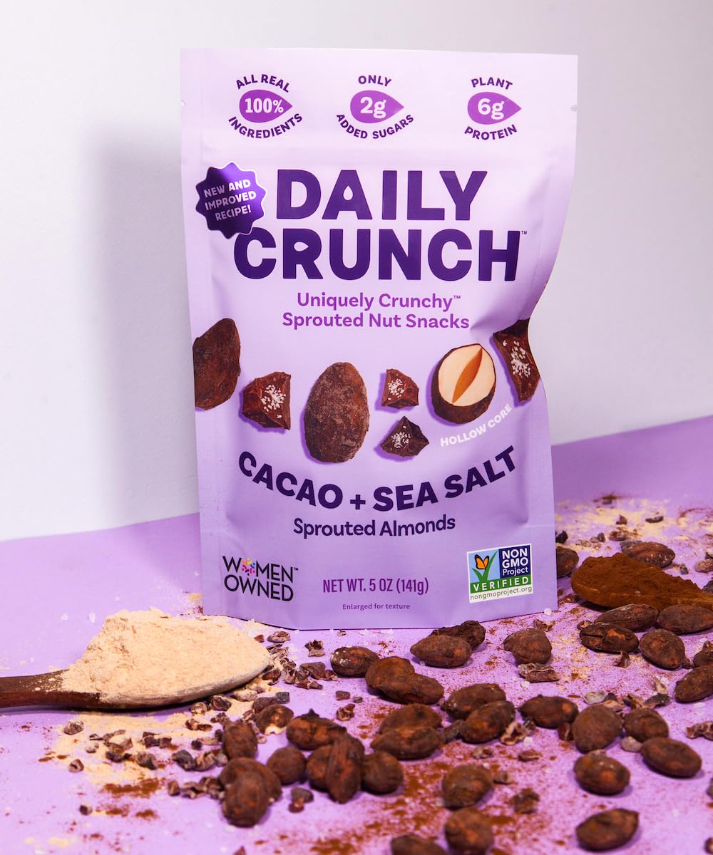 Organic Sprouted Almonds Snack - 5oz Bags (6 Pack, Cacao & Sea Salt) | Healthy Keto, Paleo & Vegan Friendly | Perfect for On-the-Go, Office & Gym Snacking