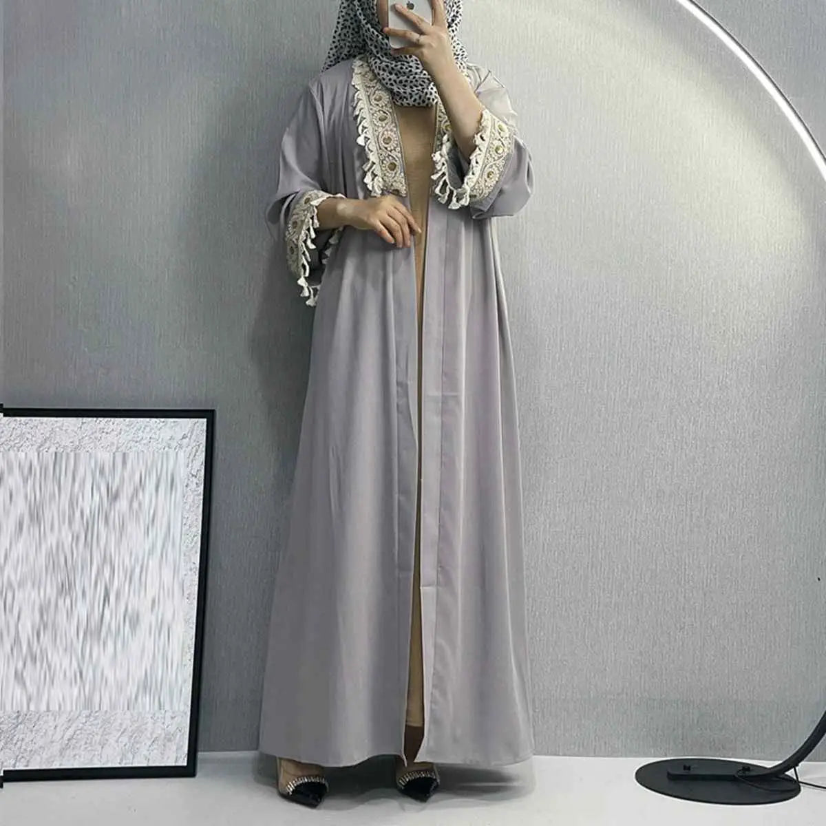 Elegant Muslim Women's Open Abaya Dress with Embroidery Tassel - Modest Islamic Cardigan for Prayer, Eid & Special Occasions