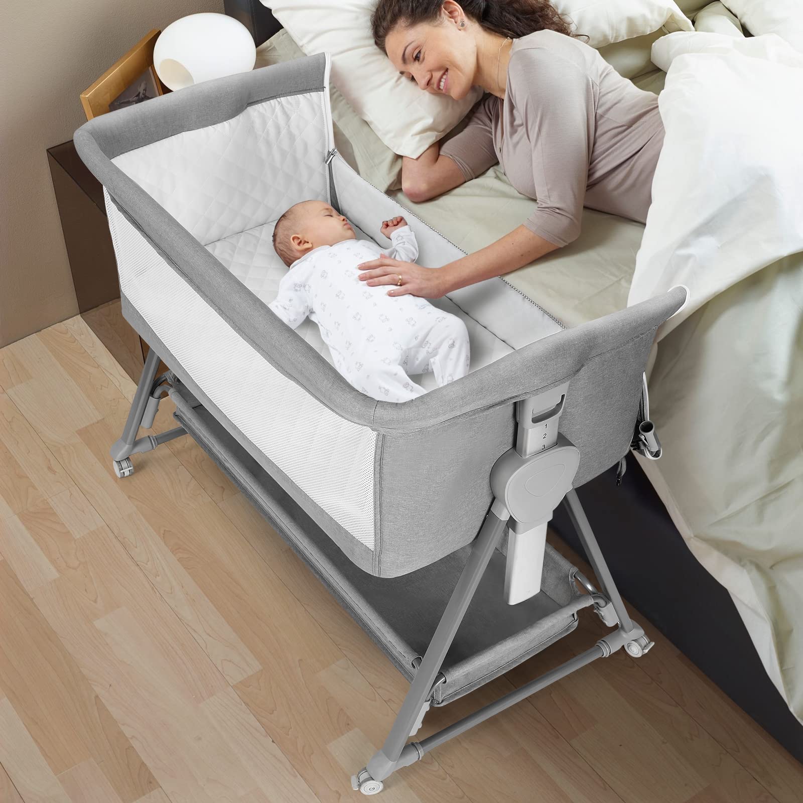 Cowiewie Adjustable Baby Bassinet Bedside Sleeper - 7 Height Levels, Breathable Mesh Sides & Mattress, XL Storage, Foldable Crib (Pyramid Light Gray) - Perfect for Newborns, Nursery & Co-Sleeping