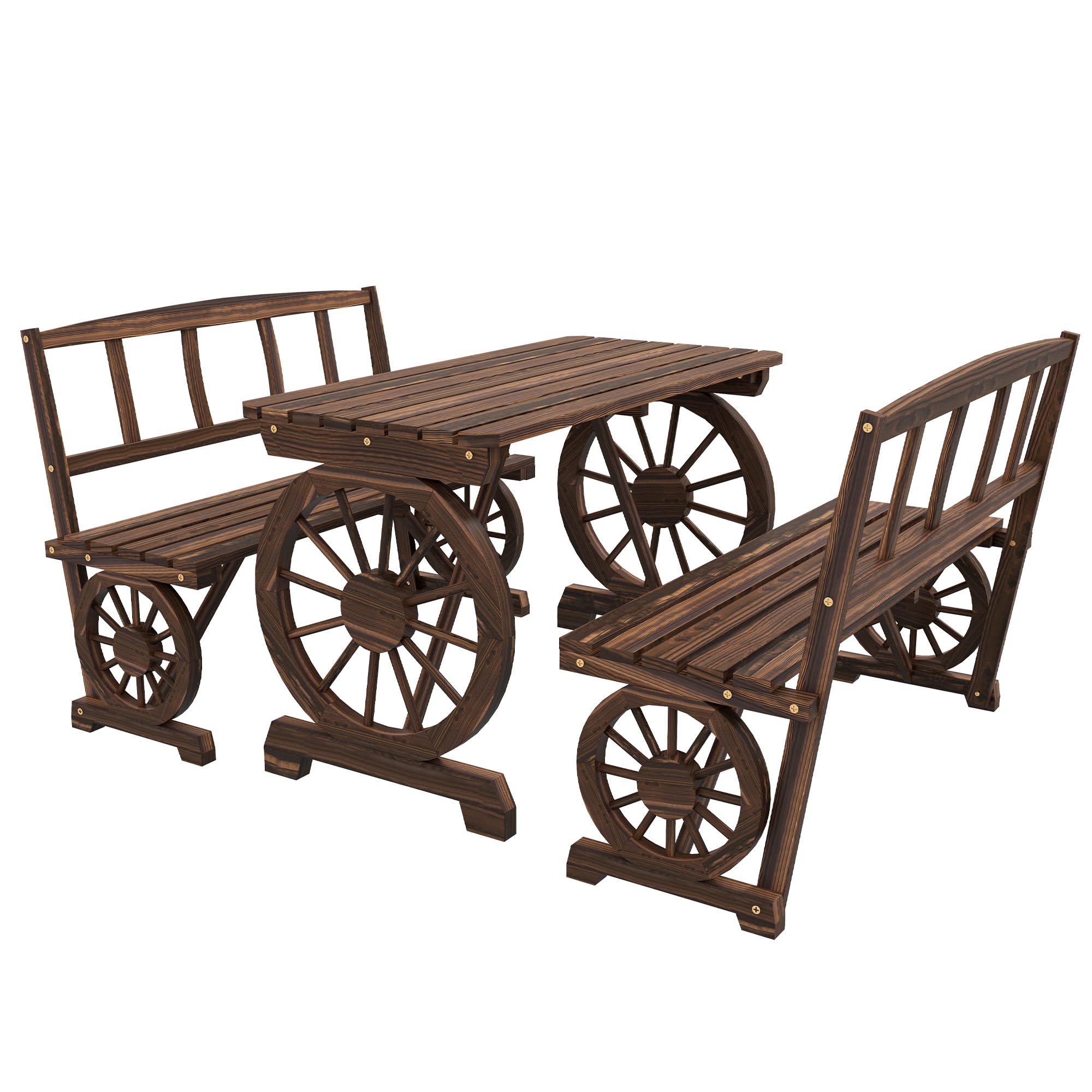Outsunny 4-Person Outdoor Dining Set - 3-Piece Wooden Patio Table with Bench, All-Weather Wagon Wheel Design Furniture for Backyard, Garden & Deck (Carbonized Finish) - Perfect for Family BBQs, Outdoor Entertaining & Relaxing in Your Yard