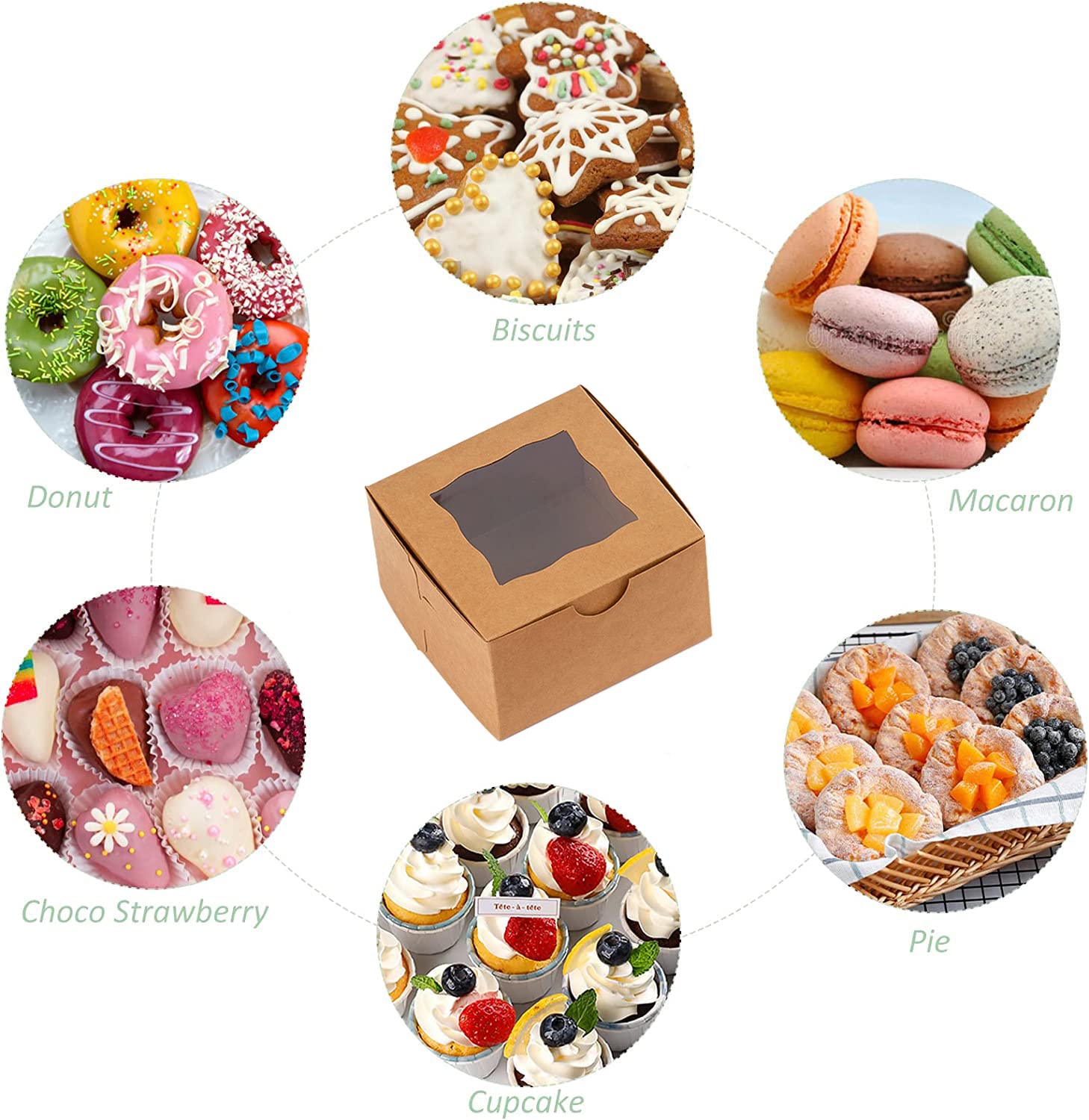100-Piece Window Bakery Boxes 4x4x2.5 Inches - Small Brown Pastry Boxes for Cupcakes, Donuts, Chocolate Strawberries & Candy | Perfect for Home Bakeries, Wedding Favors & Gift Packaging