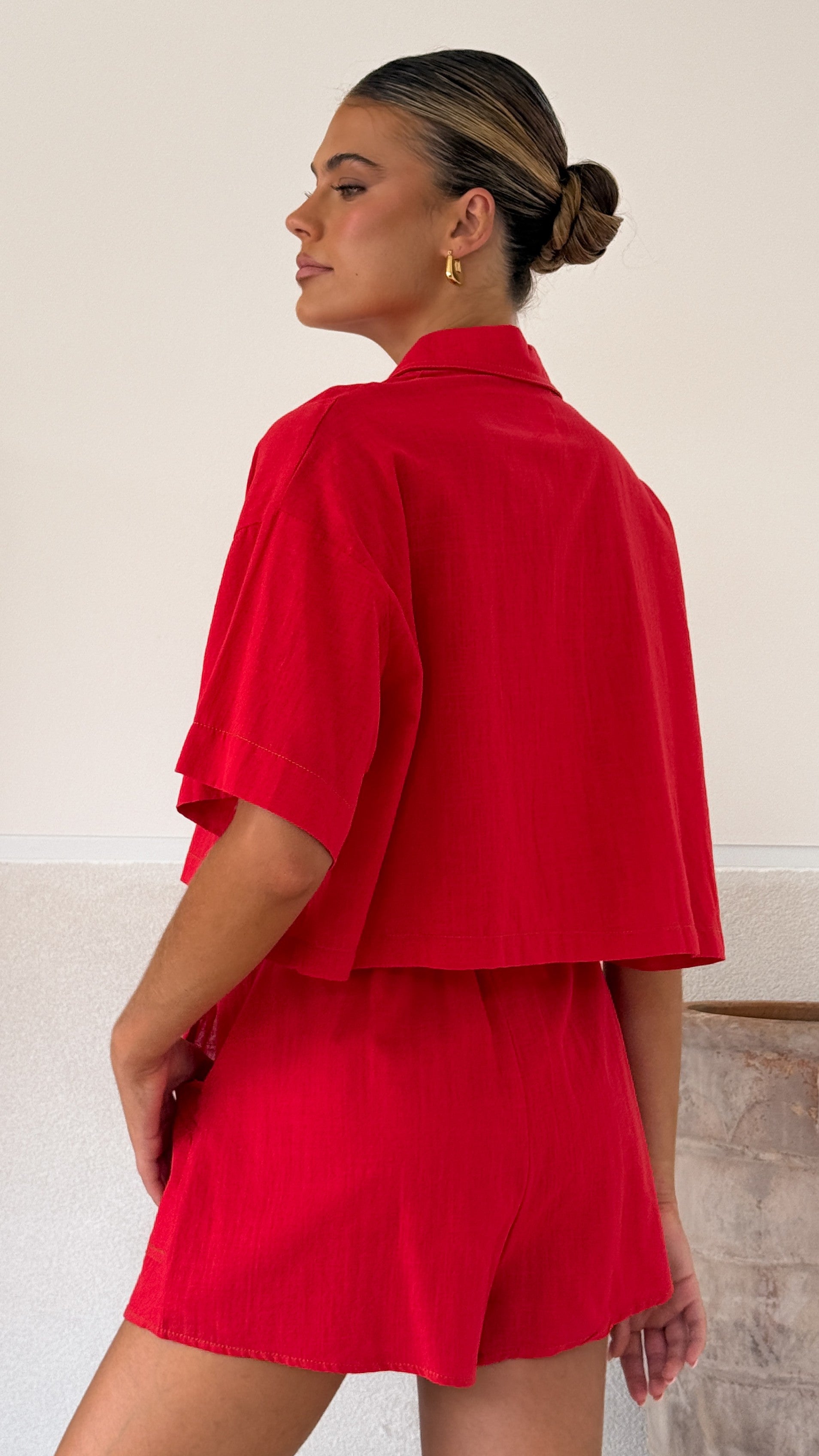 Bridgette Cropped Shirt and Shorts Set - Women's Summer Outfit in Red | Casual Streetwear, Beach Vacation, and Party Wear