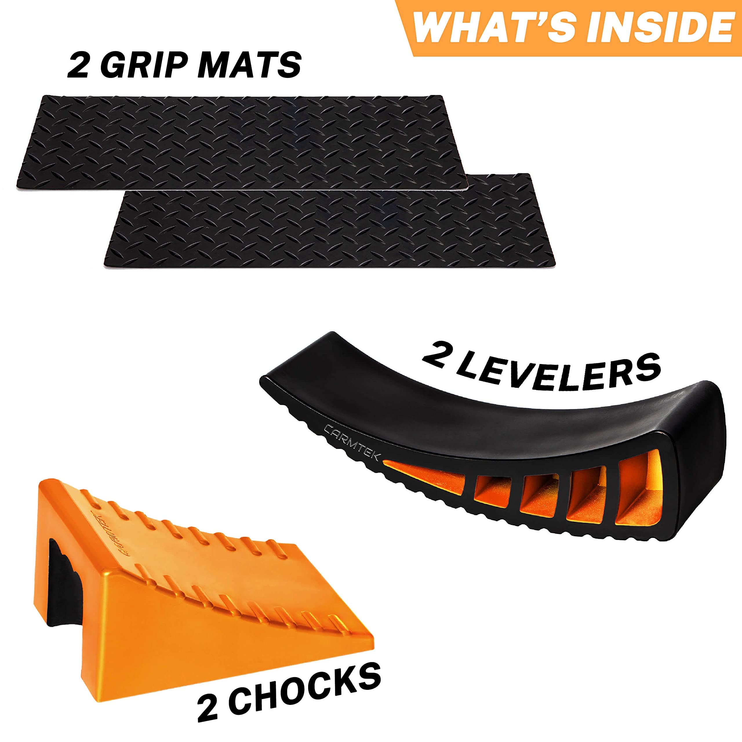 CARMTEK RV Leveling Kit - Heavy Duty Camper Leveling Blocks with Wheel Chocks & Non-Slip Traction Mats | Perfect for RV, Travel Trailer & Motorhome Stabilization on Uneven Ground