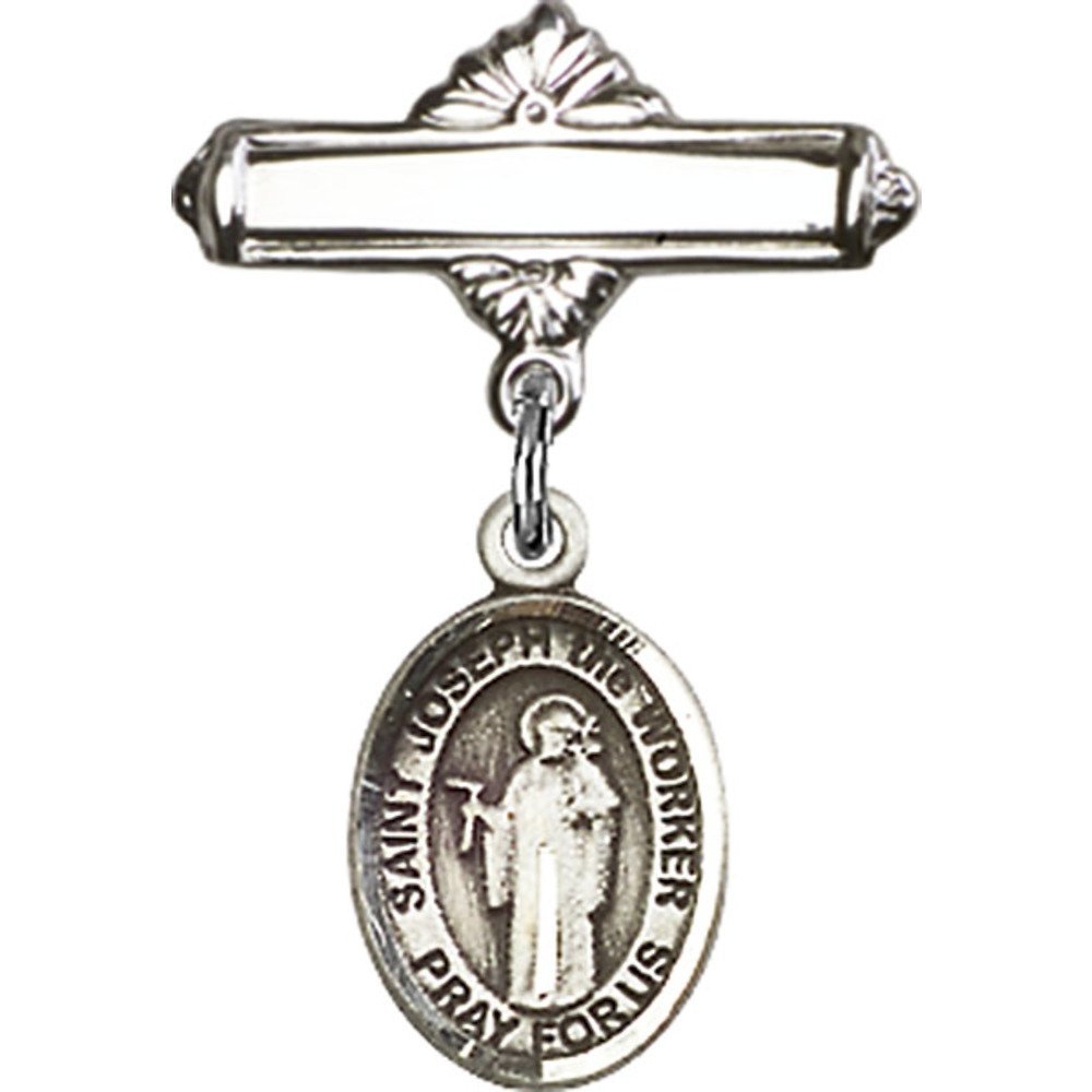 St. Joseph The Worker Sterling Silver Baby Badge - 1 X 5/8 Inch Polished Charm Pin - Perfect for Christenings, Baptisms & First Communion Gifts