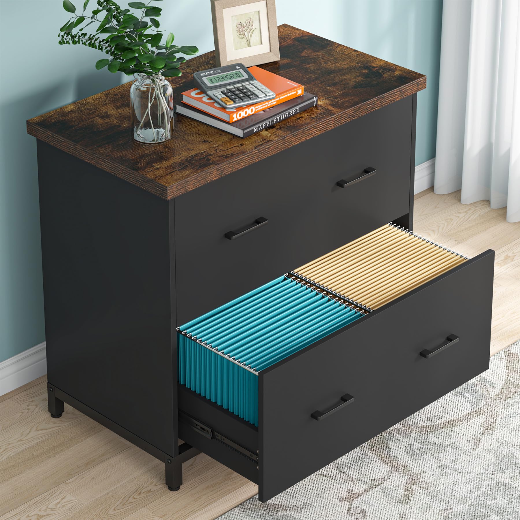 Tribesigns 2-Drawer Wood Lateral File Cabinet - Home Office Storage for A4 & Letter Size Documents - Brown & Black Filing Cabinet for Office Organization & Paper Storage