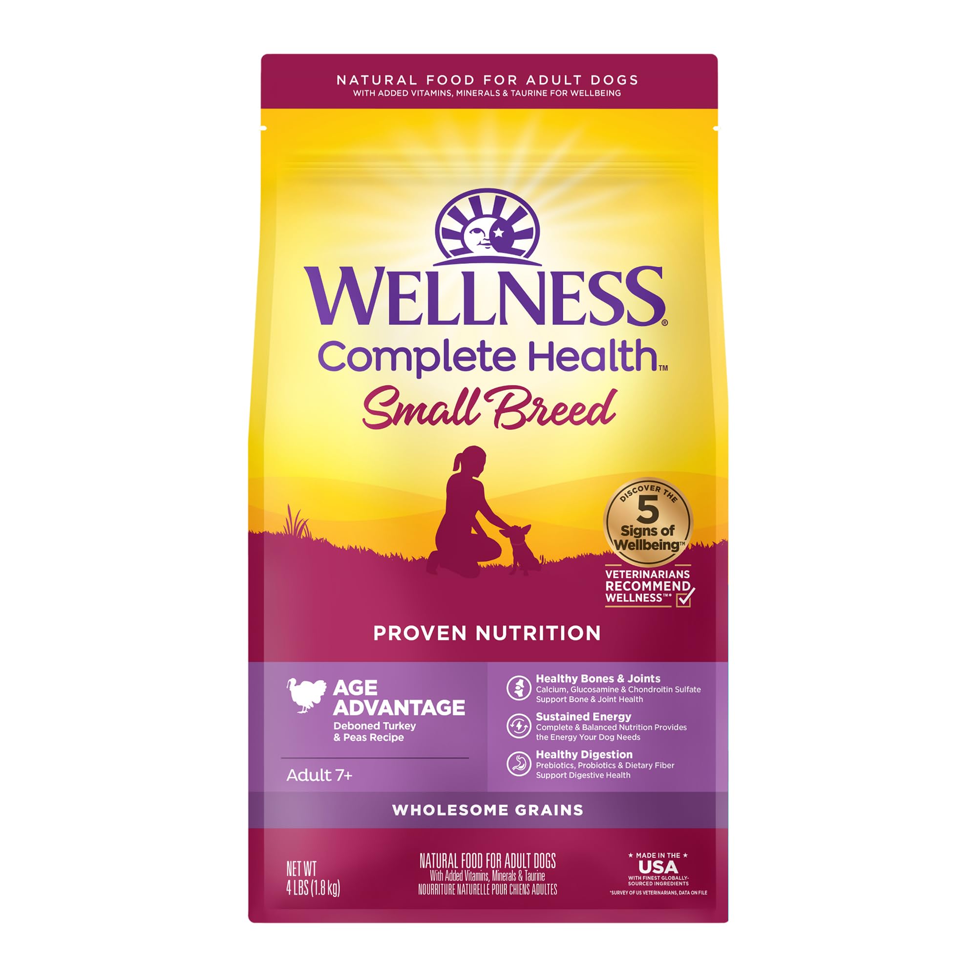 Wellness Complete Health Senior Dry Dog Food for Small Breeds - Natural Turkey & Peas Recipe with Wholesome Grains (4lb Bag) | Perfect for Aging Small Dogs with Digestive Support & Joint Care