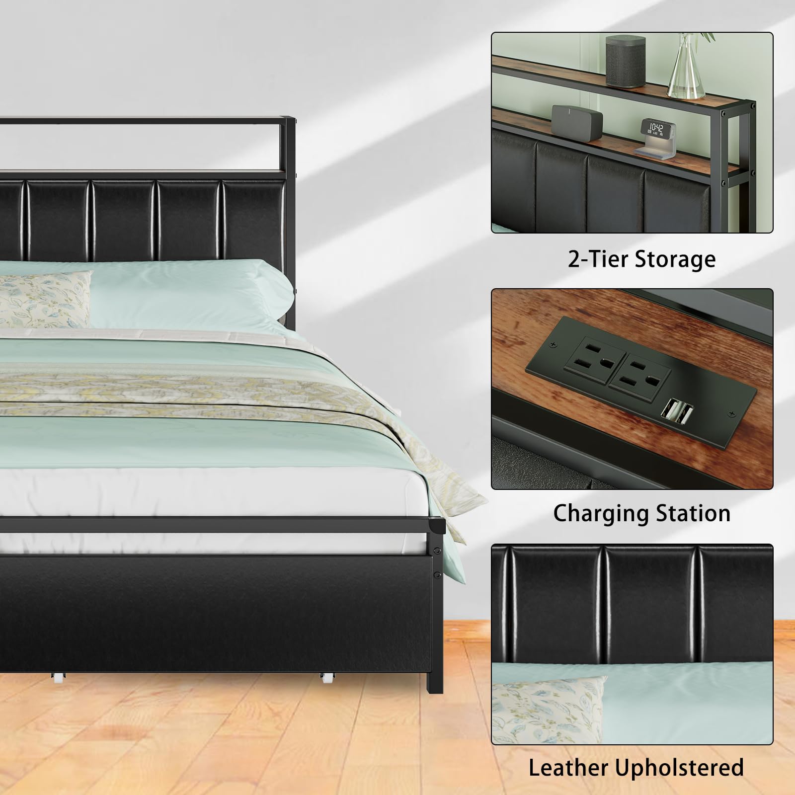 AMERLIFE LED King Size Bed Frame with Storage Drawers - 2-Tier Platform Bed with Leather Upholstered Headboard & USB Charging Station | No Box Spring Required | Quiet & Easy Assembly | Black | Perfect for Modern Bedrooms & Small Space Storage Solutions