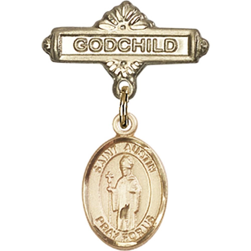 Gold Filled Baby Badge with St. Austin Charm & Godchild Pin - 1 X 5/8 Inch Religious Jewelry - Perfect for Baptism, Christening & First Communion Gifts