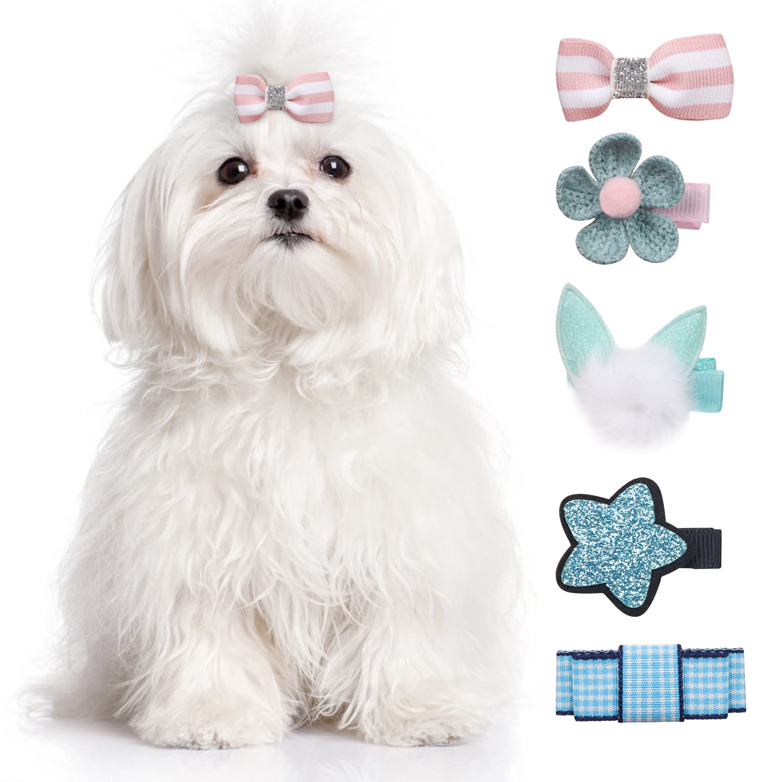 5-Piece Small Dog Cat Hair Clips Set - Cute Bow & Flower Crown Hairpins for Puppies, Girls Birthday Party & Grooming Accessories (Blue) | Perfect for Pet Fashion Shows, Photo Shoots & Daily Styling