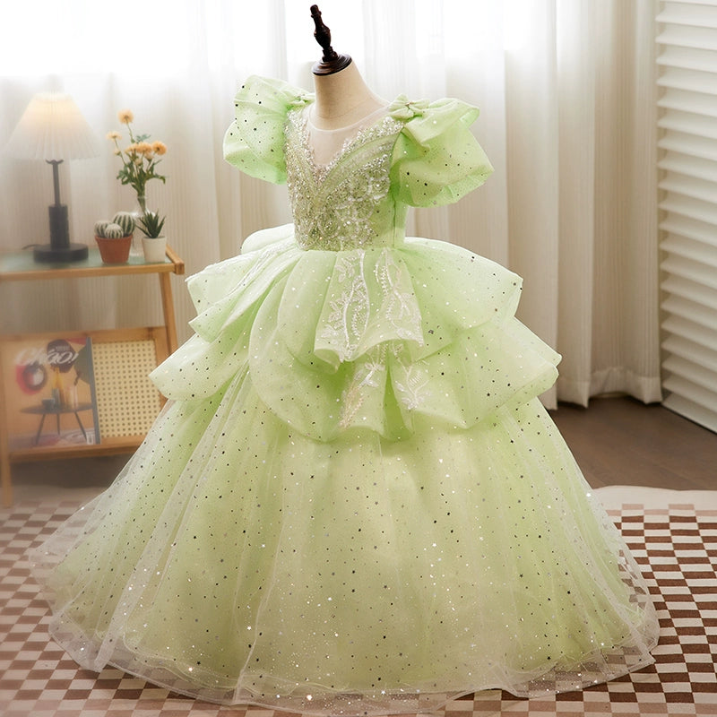 Sage Green Princess Round Floor Length Organza Flower Girl Dress for Weddings, Bridal Parties & Special Occasions
