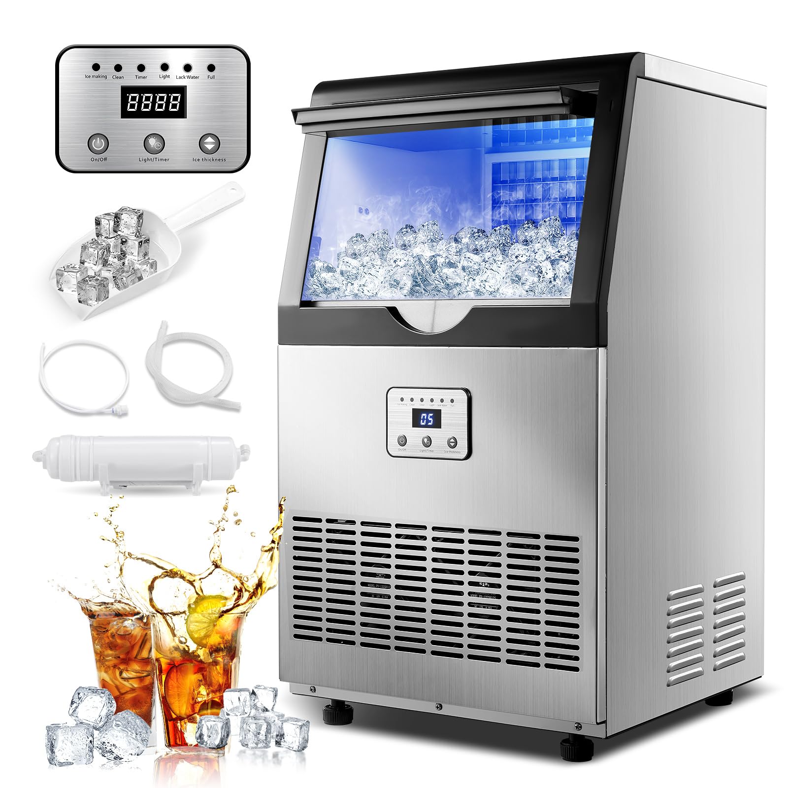 Commercial Ice Maker Machine 100lbs/24H with Auto Self-Cleaning & LED Digital Display - Under Counter or Freestanding Ice Machine for Home, Office, Restaurant, Bar - Perfect for Beverage Service, Parties and Food Preservation