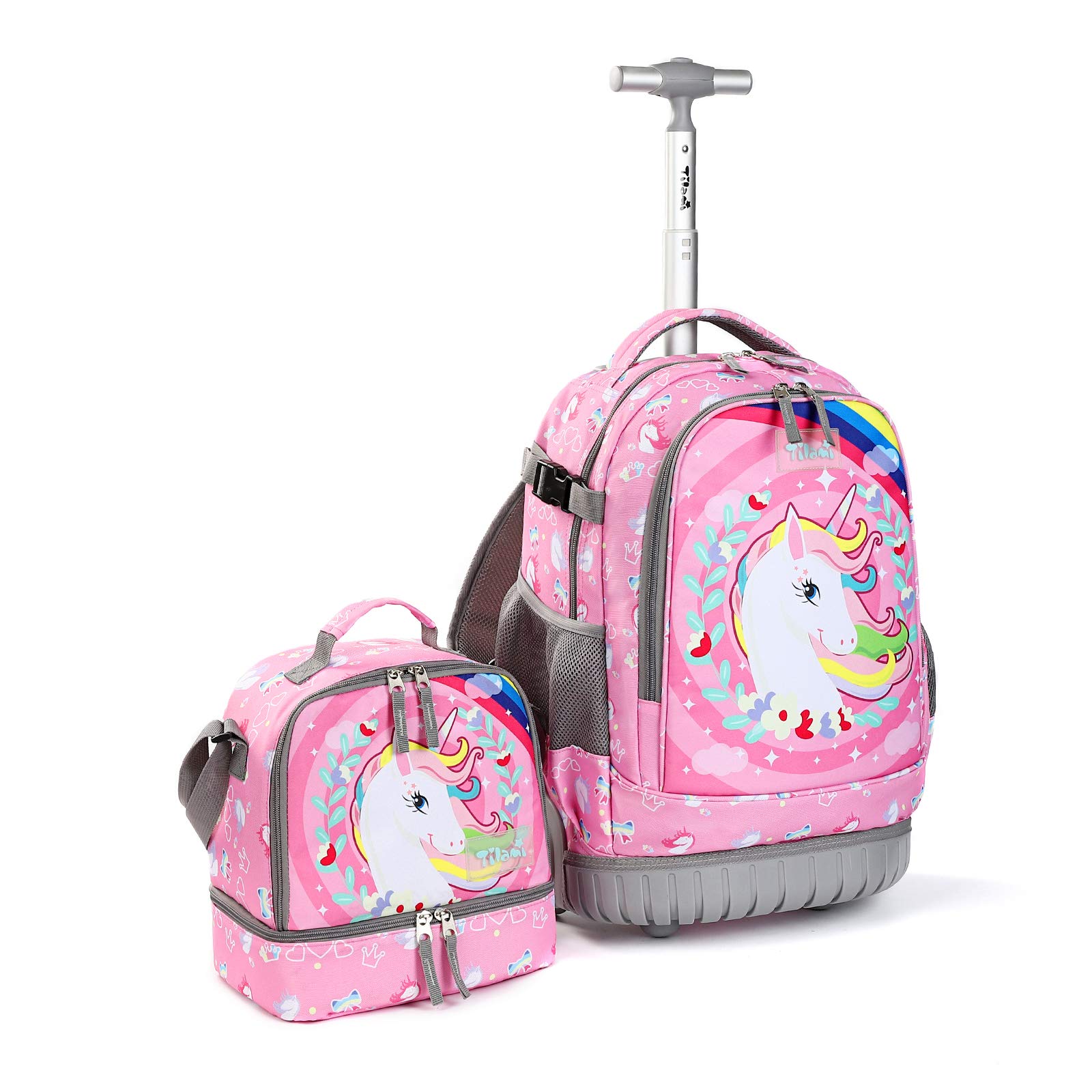 Tilami 19 Inch Rolling Backpack with Lunch Bag - Wheeled Laptop Backpack for School & Travel (Unicorn Pink) - Perfect for Students, Commuters & Business Professionals