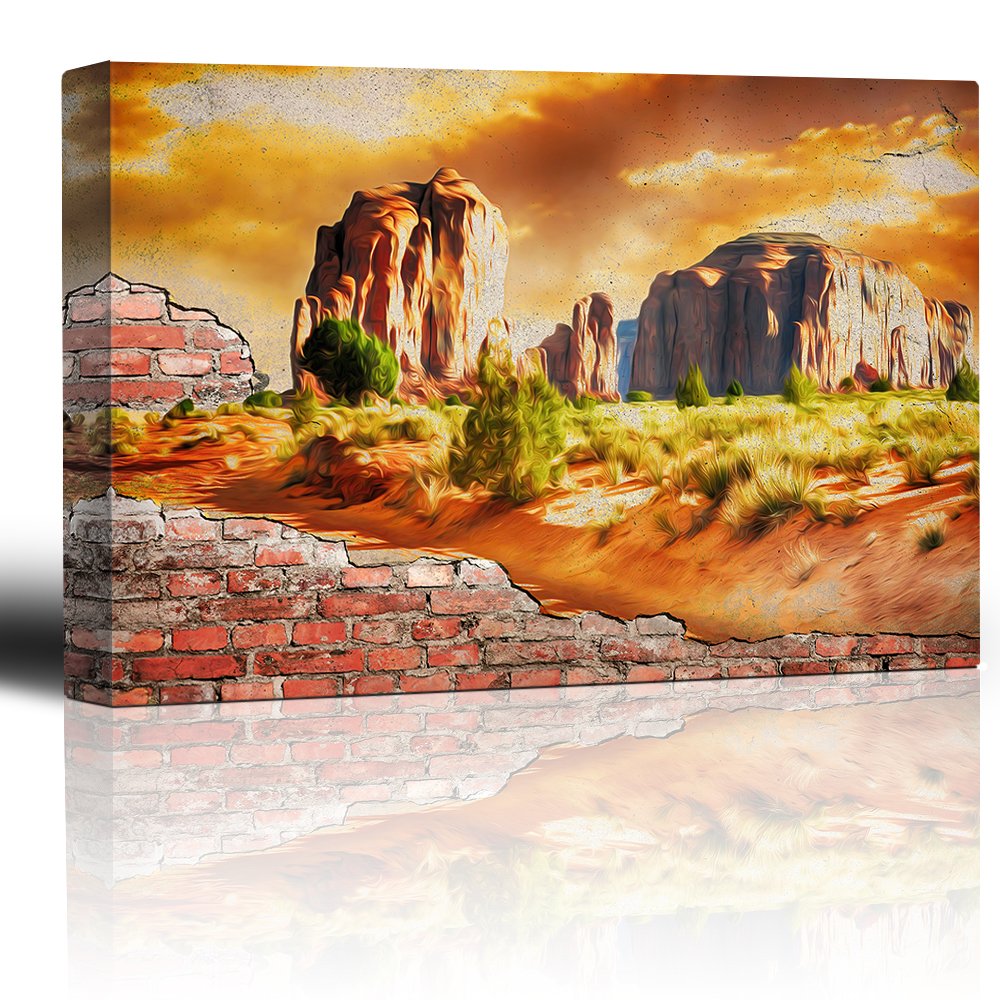 Painted Desert Brick Wall Canvas Art - Country Rural Landscape Wall Decor - 32x48 Inches - Perfect for Living Room, Bedroom & Office Decor