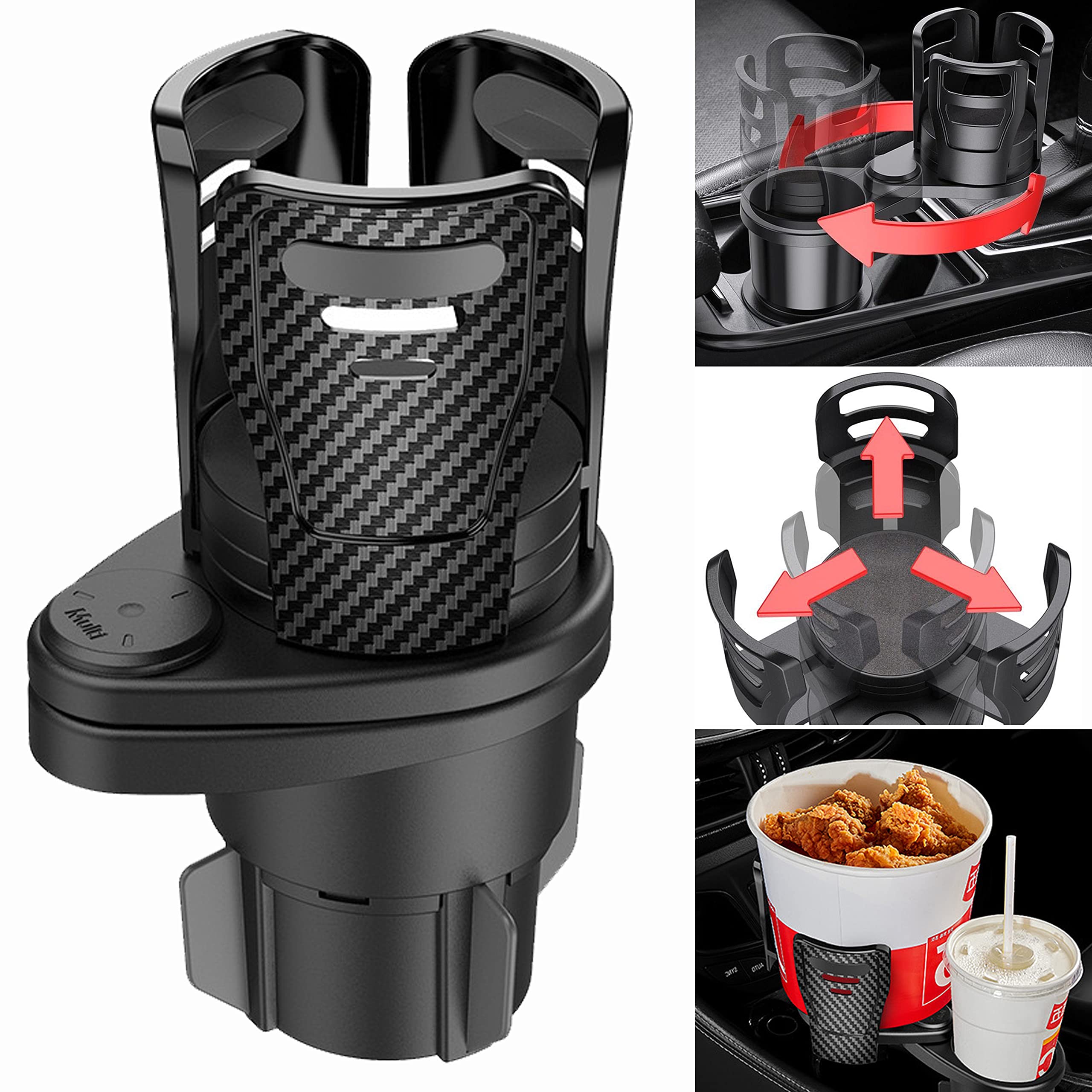 Car Cup Holder Expander - Adjustable Large Size, Divided into Two Compartments, Fits Round Car Cup Slots Less Than 3 Inches, Perfect for Road Trips, Commuting, and Family Outings