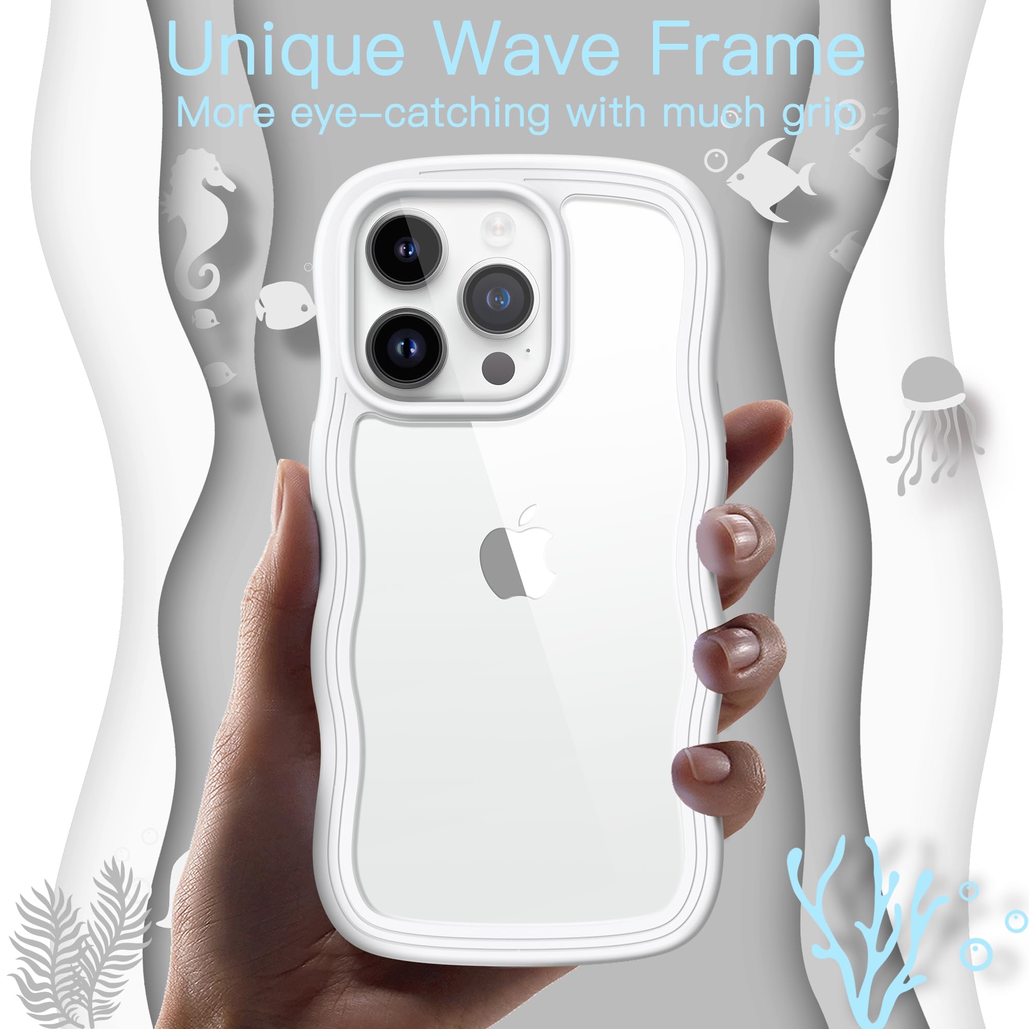 JETech Cute Wave Frame iPhone 14 Pro Case 6.1 Inch - Shockproof Clear Hard PC Phone Cover for Women Girls - Perfect for Everyday Use, Work & School (White)