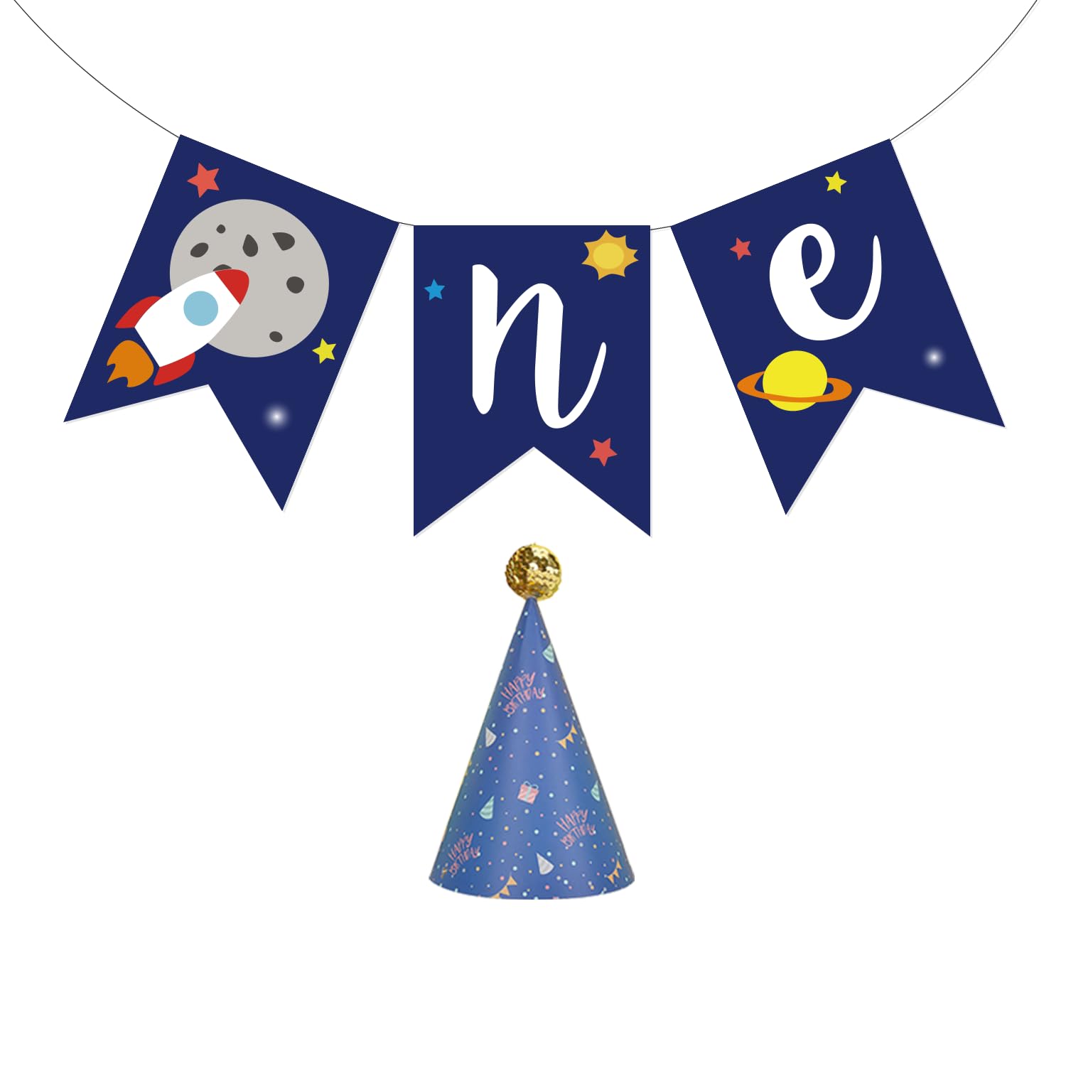 First Birthday Banner & Party Hats - Outer Space Theme 1st Birthday Decorations, High Chair Banner with Planets, Complete Space Party Supplies for Baby's First Trip Around The Sun Celebration | Perfect for Space-Themed Birthday Parties, Baby Showers & Milestone Celebrations
