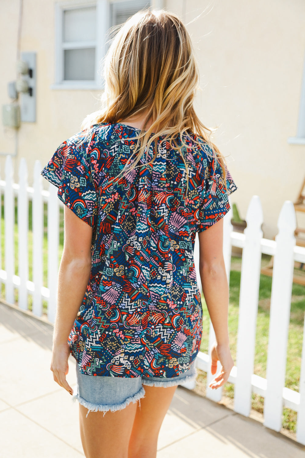 Boho Print Tie Neck Raglan Top - Navy Blue Women's Casual Blouse for Summer Outfits & Beach Vacations