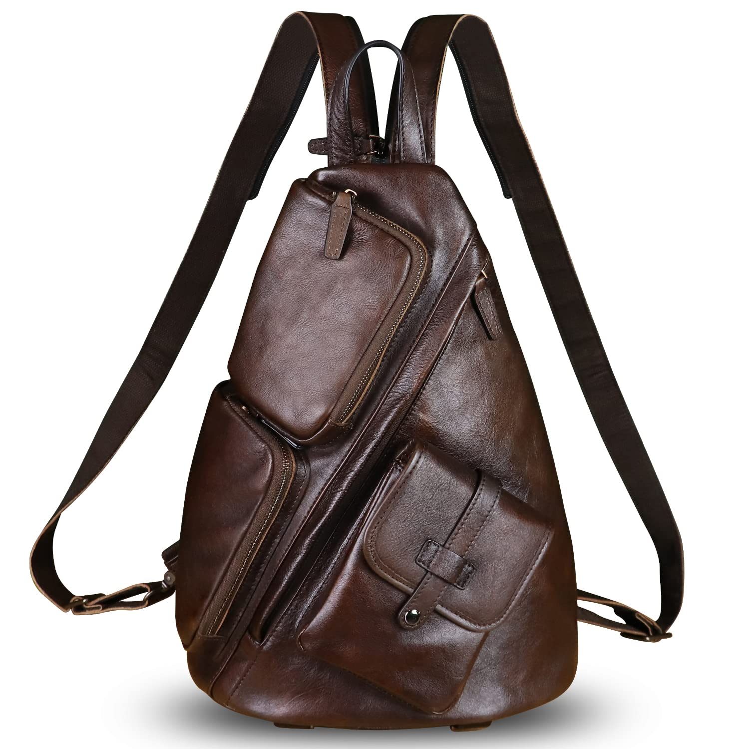 Premium Genuine Leather Large Sling Bag for Men & Women - Crossbody Chest Shoulder Backpack Purse - Fits iPad & Essentials - Perfect for Travel, Work & Daily Commute (Coffee)