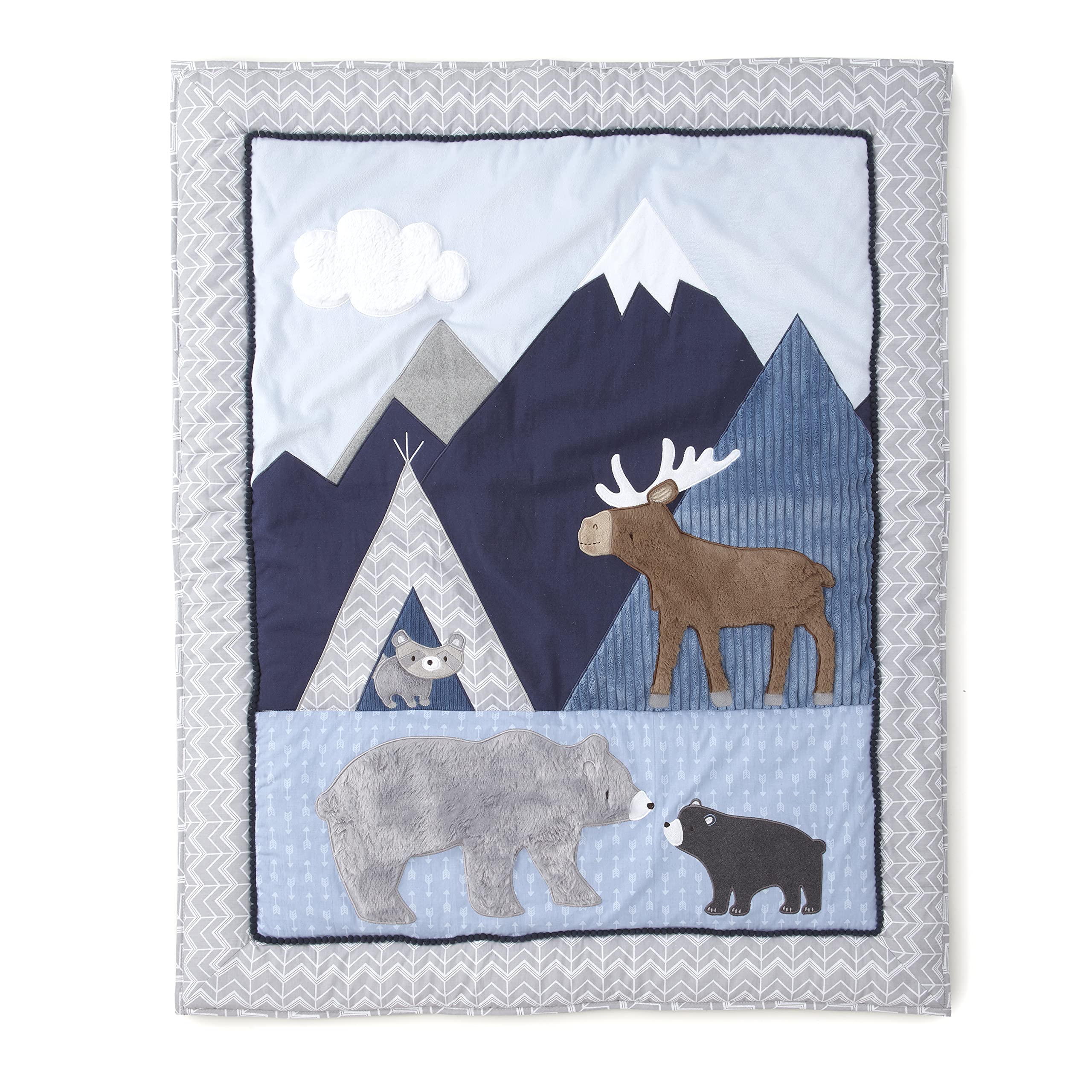 **Levtex Baby Trail Mix 4-Piece Crib Bedding Set - Bear Mountains Design in Grey, Navy, White & Blue - Includes Quilt, Fitted Sheet, Dust Ruffle & Wall Decal - Perfect for Nursery Decor & Baby Shower Gifts**