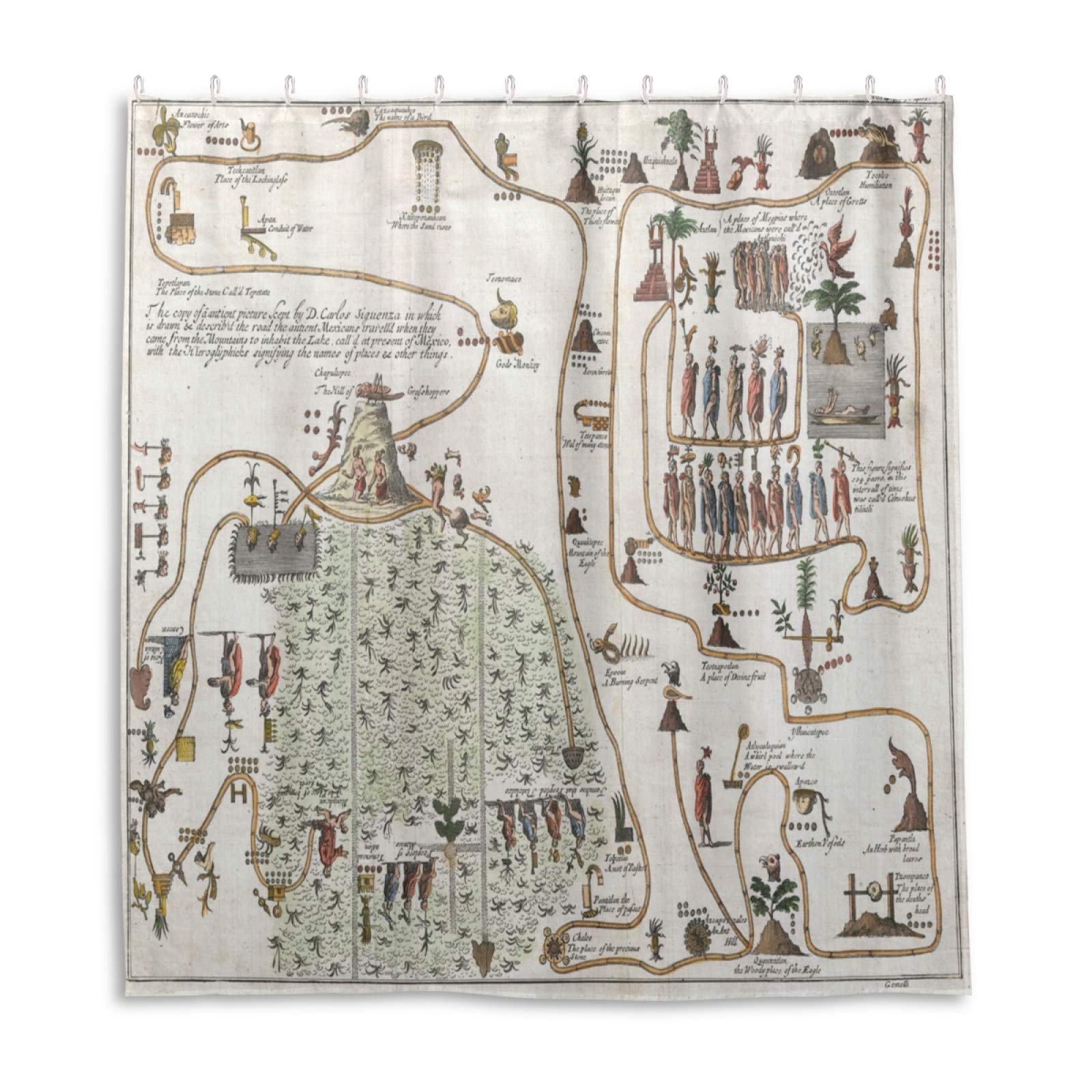 Aztec Map Waterproof Shower Curtain - Durable Bathroom Decor with 12 Hooks | Mesoamerican History Inspired Bath & Shower Set for Vintage Mexican Style Bathrooms