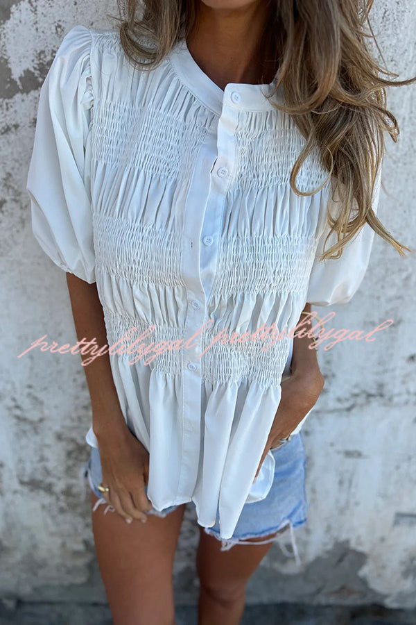 Solid Color Round Neck Button Pleated Short Sleeve Casual Shirt for Women - Summer Office Wear & Weekend Outfits