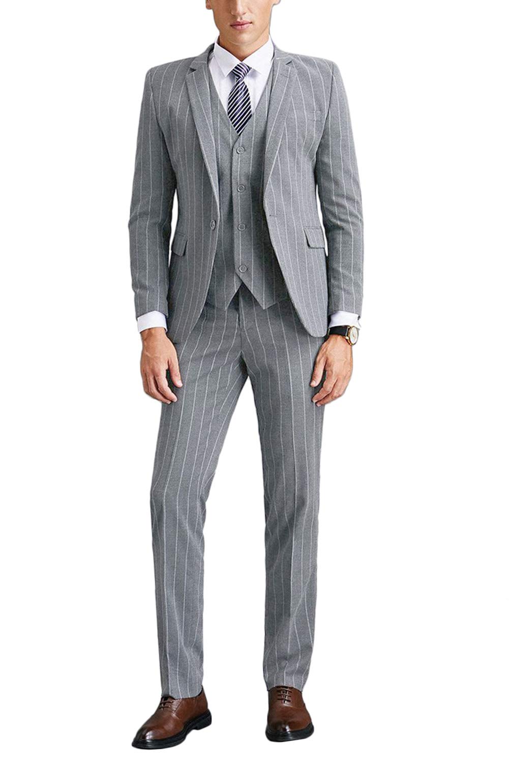 Wemaliyzd Men's Slim Fit 3-Piece Pinstripe Suit Set with 4-Button Vest & Separate Pants | Formal Business Attire for Weddings, Office & Special Occasions
