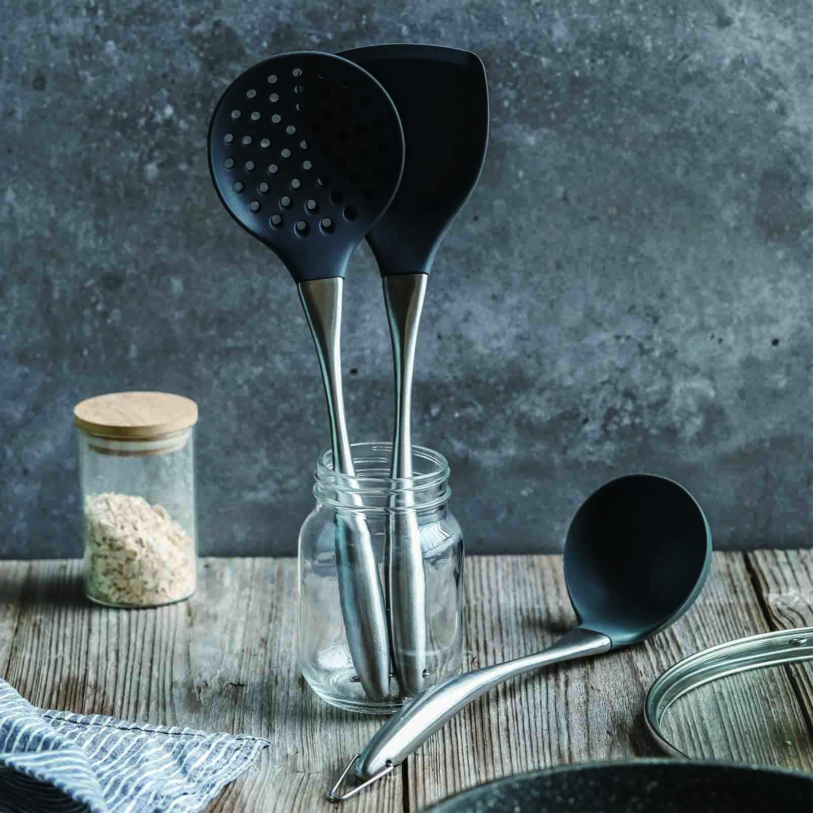 Premium 3-Piece Silicone Kitchen Utensil Set - Heat-Resistant Stainless Steel Handle with Flexible Silicone Head (Wok Spatula, Ladle, Slotted Spoon) - Grey - Perfect for Non-Stick Cookware, Stir-Frying, Serving Soups & Pasta