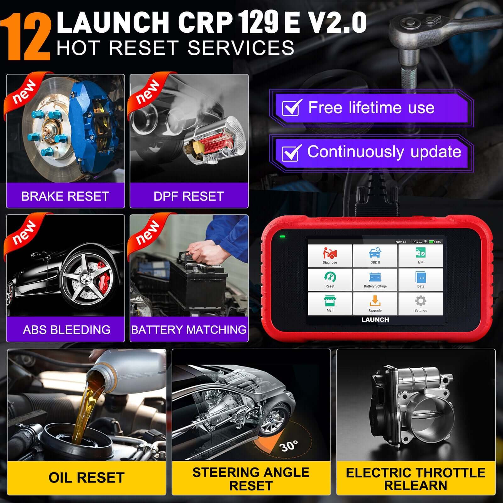 2025 LAUNCH CRP129E V2.0 Elite OBD2 Scanner - Professional Diagnostic Tool for Engine, ABS, SRS & Transmission with 12 Resets | Injector Coding, ABS Bleed, Oil/EPB/TPMS | FCA AutoAuth, Auto VIN | Free Lifetime Updates | Perfect for Mechanics & DIY Car Repair