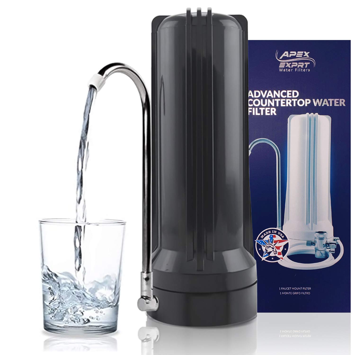 APEX MR-1030 3-Stage Countertop Water Filtration System with GAC, Calcite & KDF-55 - Removes 99% Chlorine, Heavy Metals & Improves Taste - Easy Install Faucet Filter for Kitchen, Office & RV Use (Black)